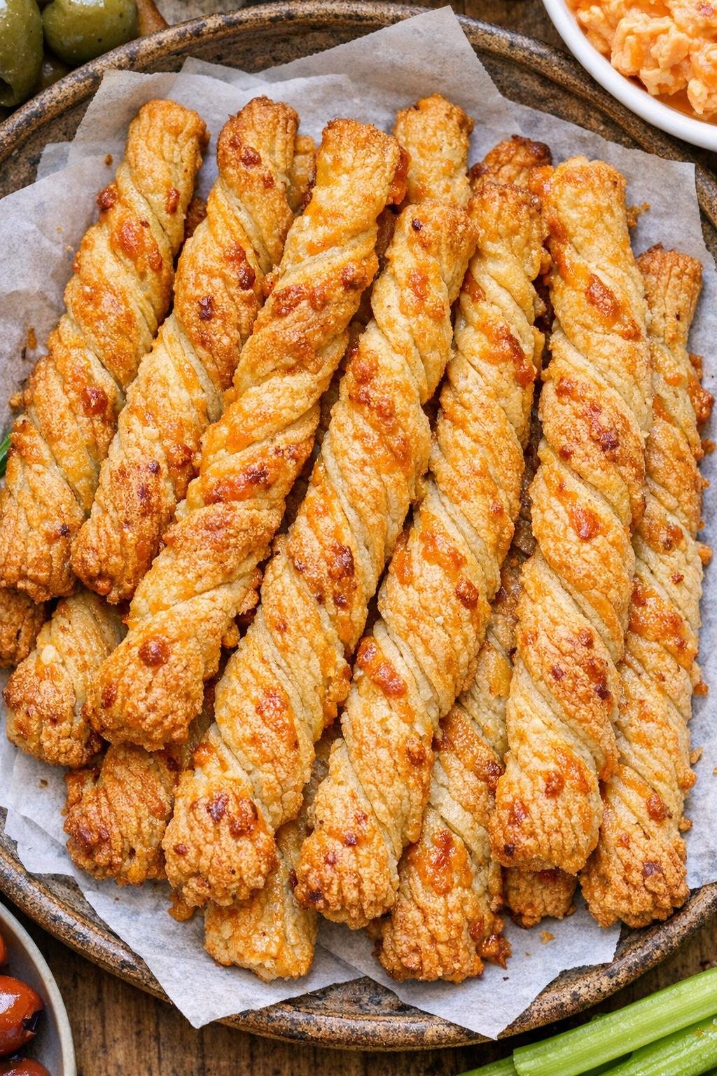 Southern golden cheddar straws on a serving tray