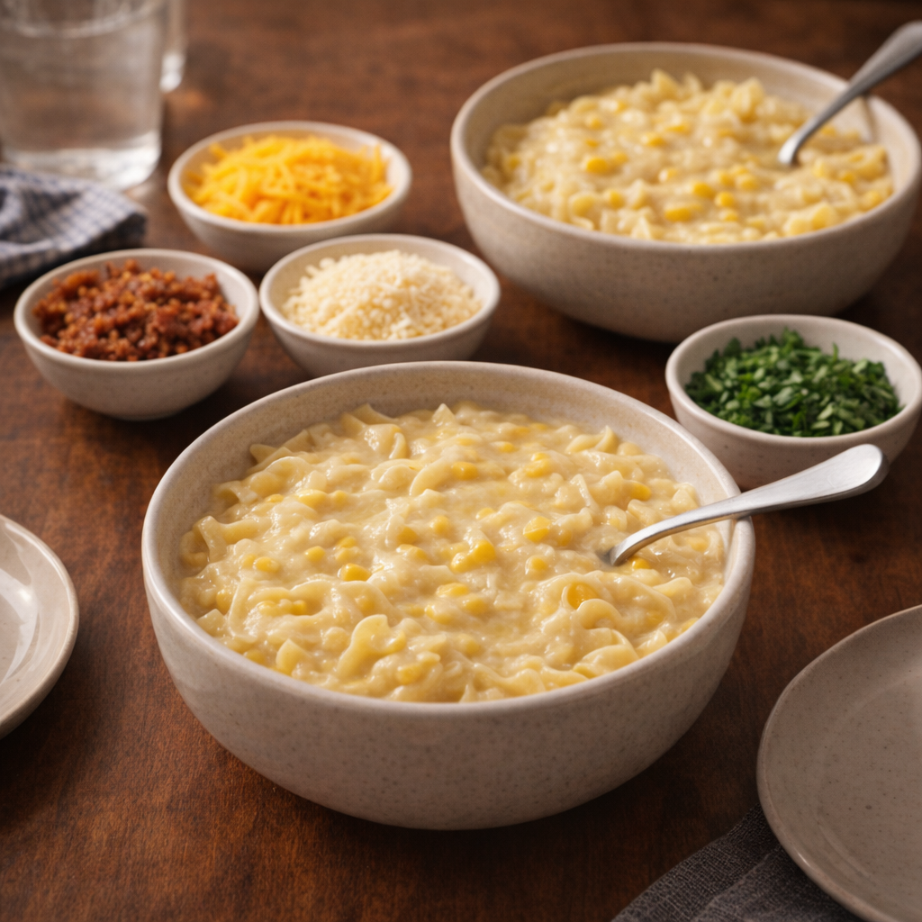 Bowls of creamy corn noodles with topping options