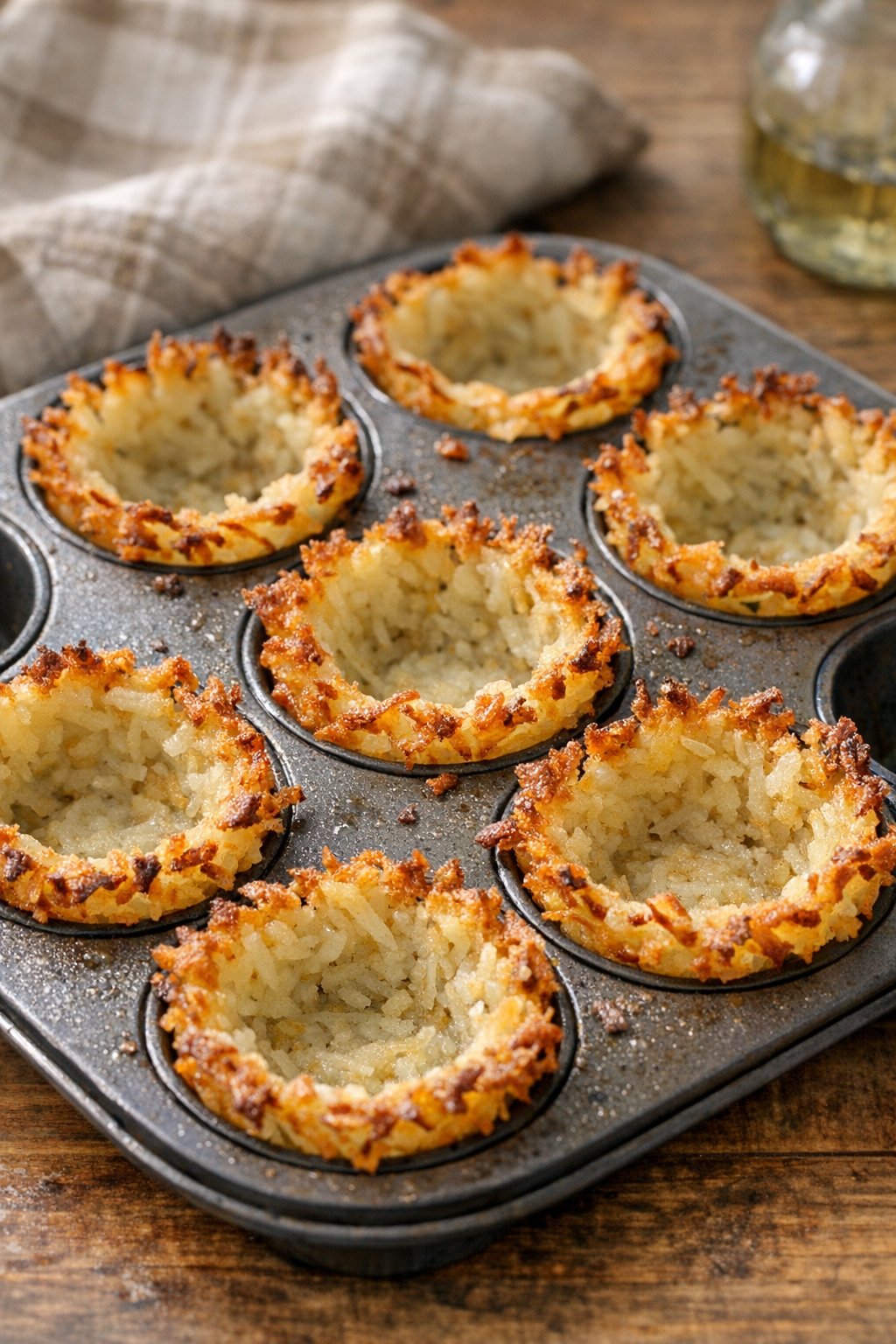 Crisp baked hash brown cups in muffin tin