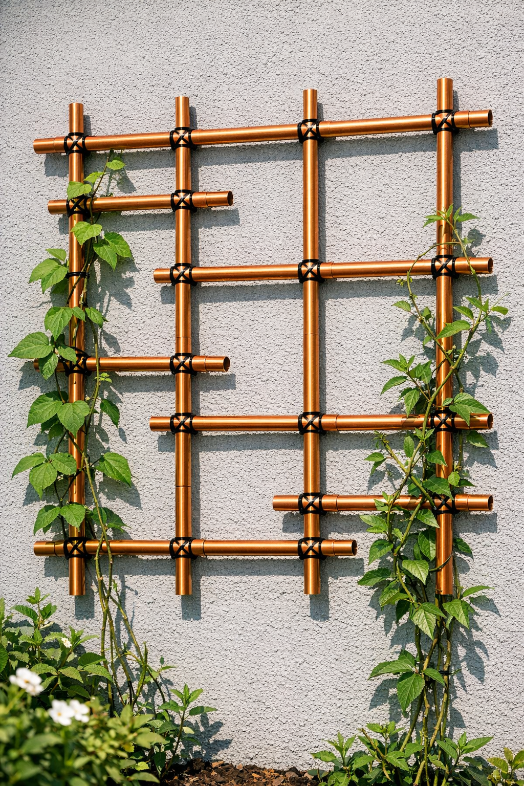 Finished metallic copper pipe geometric garden trellis mounted on a wall
