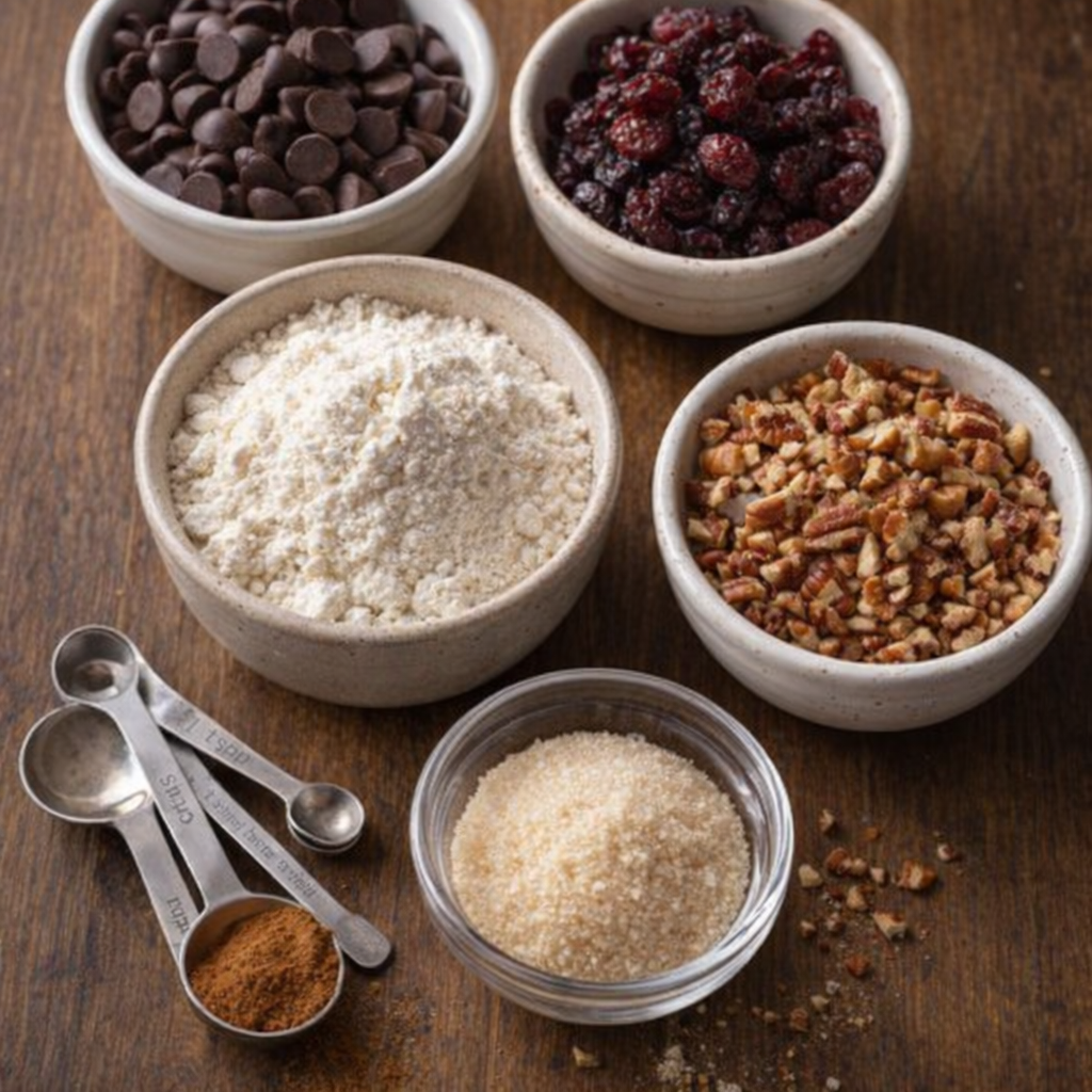 Cookie variation ingredients including chocolate chips and dried cranberries