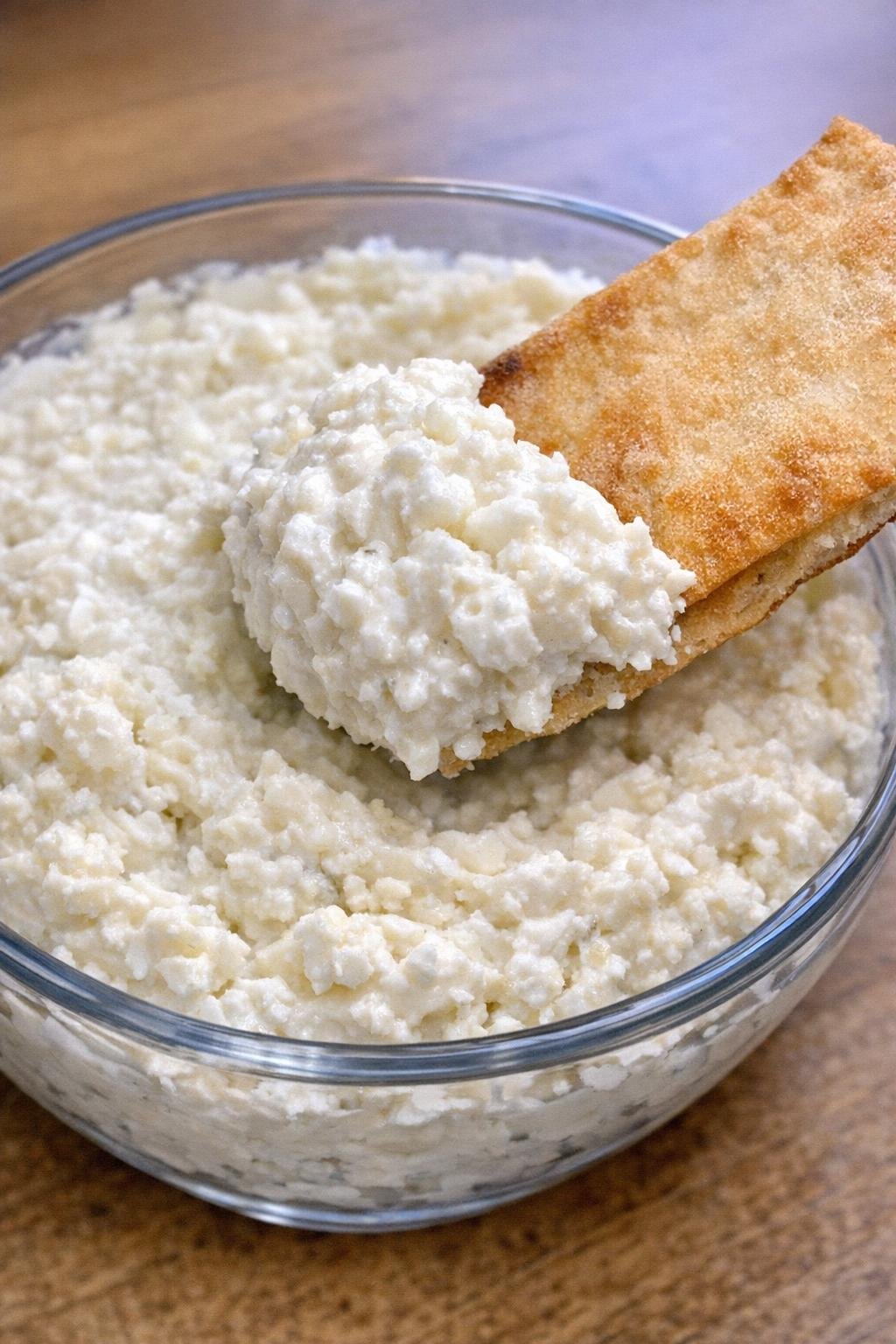 Close-up of feta winslow dip in a glass bowl with a pita chip scooping