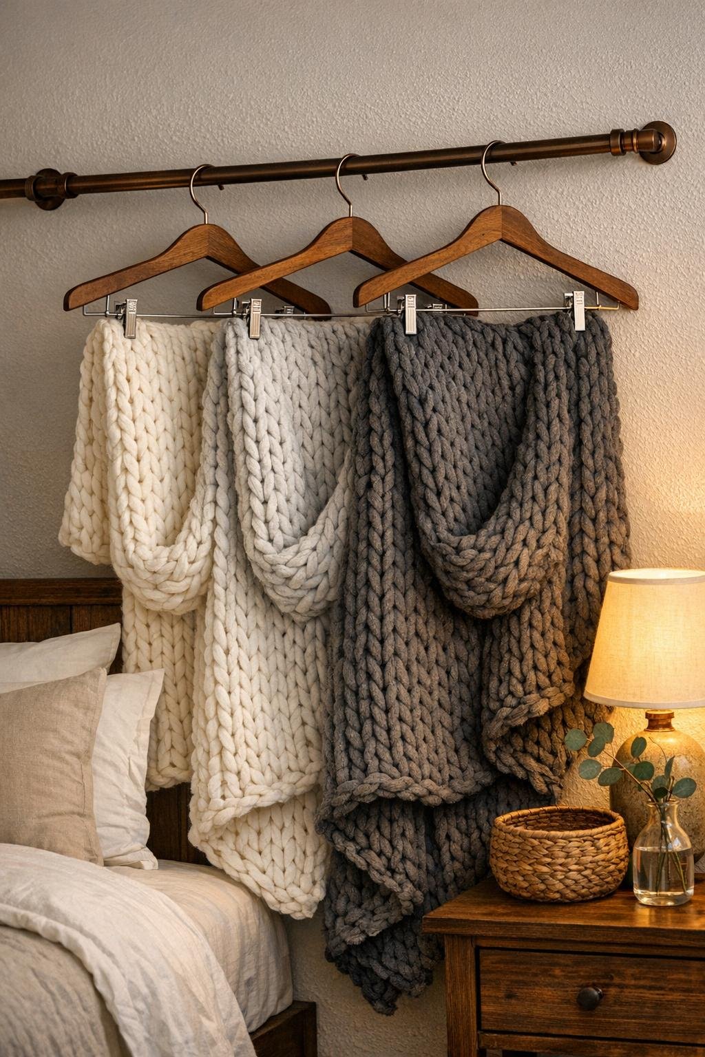 Finished blanket ladder alternative made from wooden pants hangers and a bronze tension rod
