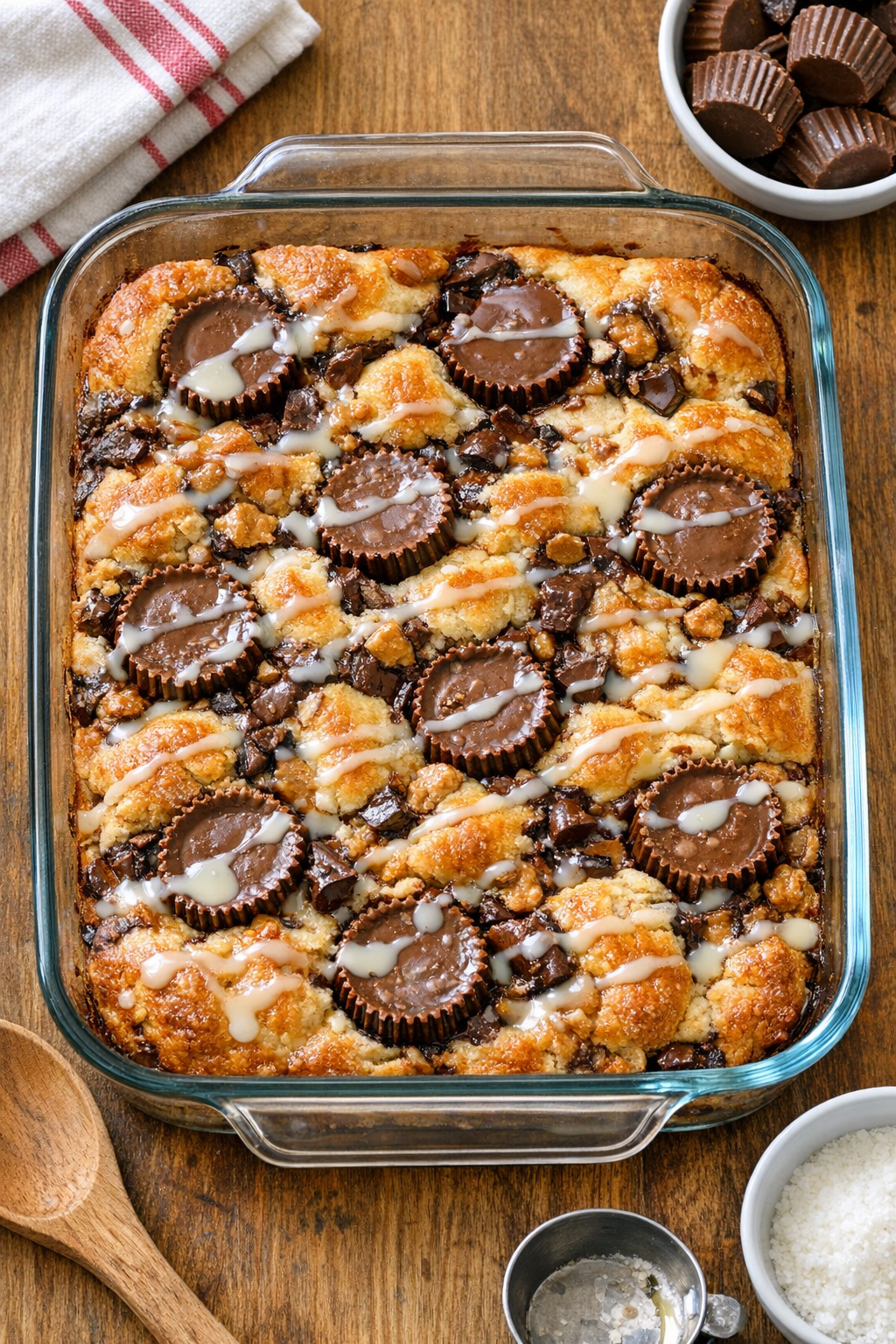 Finished peanut butter cup summer dessert in casserole dish