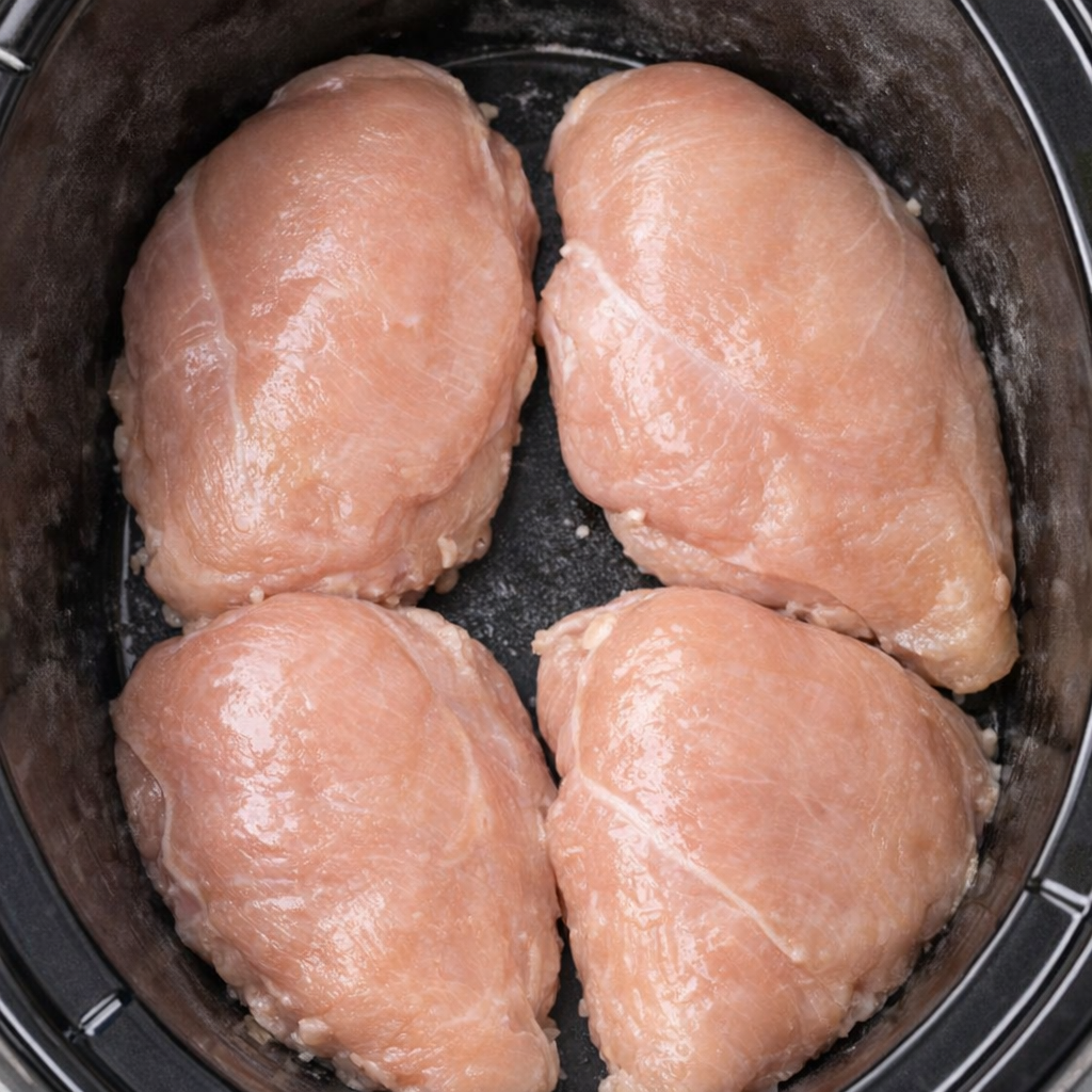 Chicken breasts arranged in the bottom of a slow cooker