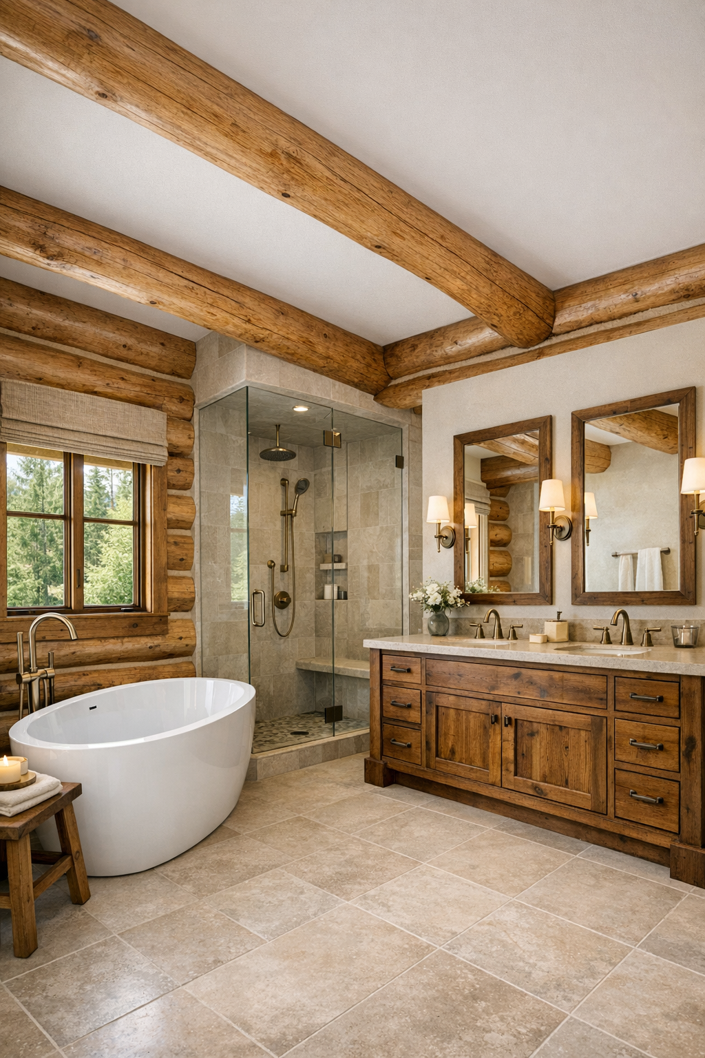 Bathroom with freestanding tub, wood vanity, stone surfaces, and soft natural light