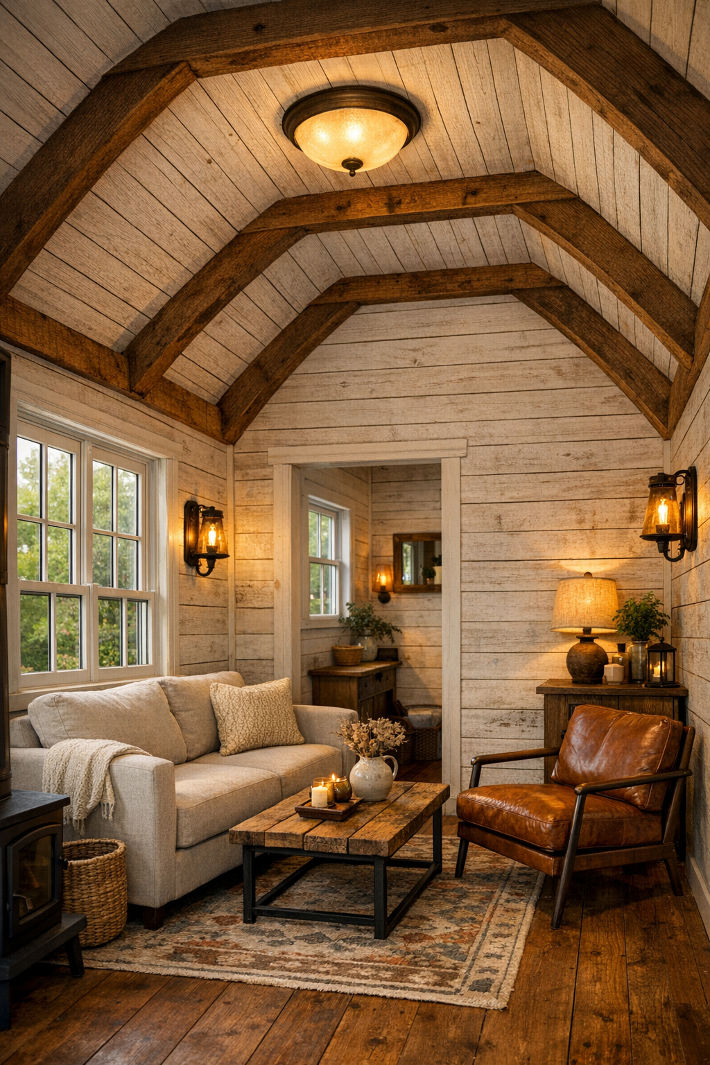 Living room with whitewashed plank walls, timber beams, compact sofa, and warm wood finishes