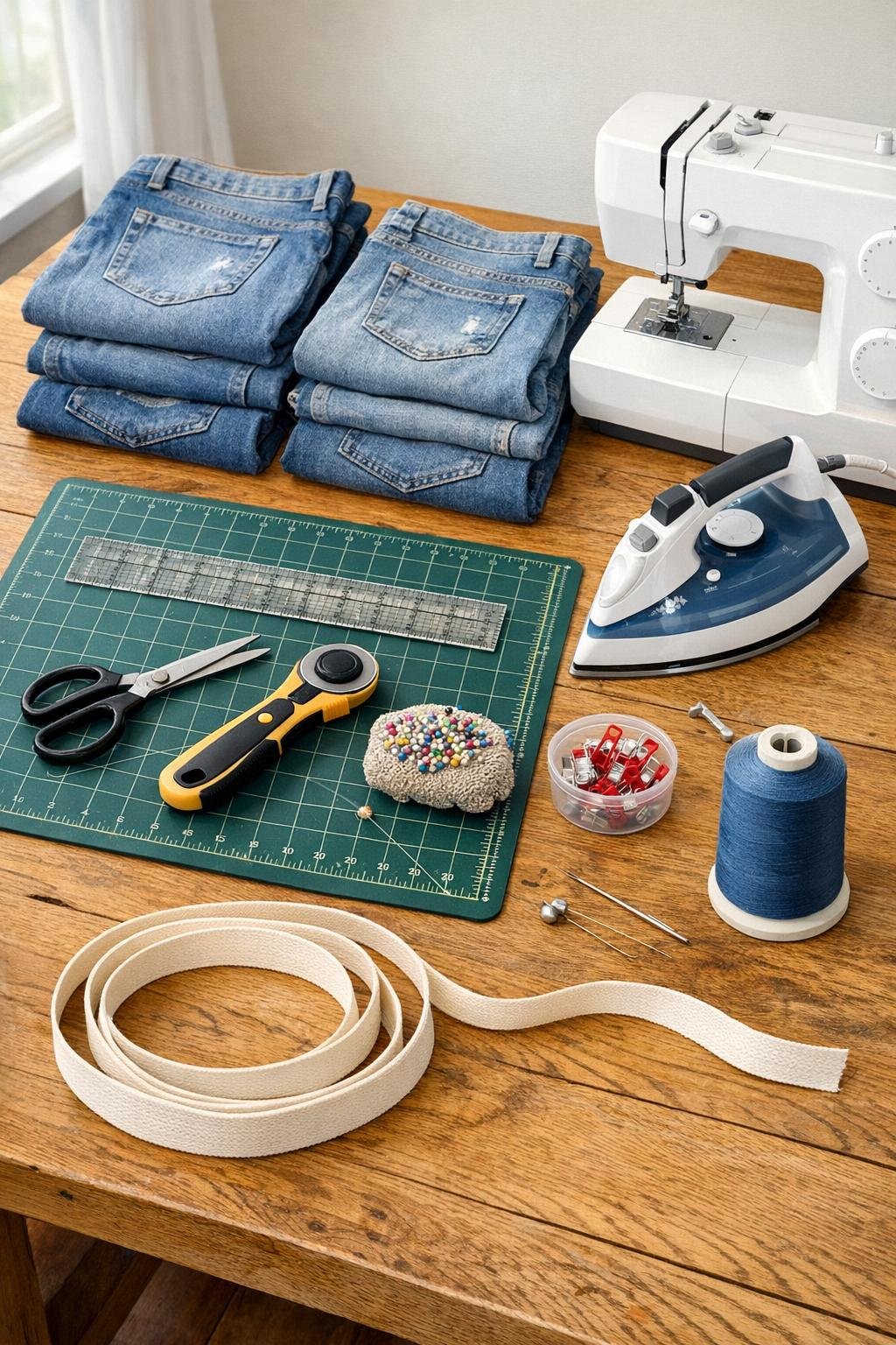 Old jeans and sewing supplies laid out for a braided denim table runner