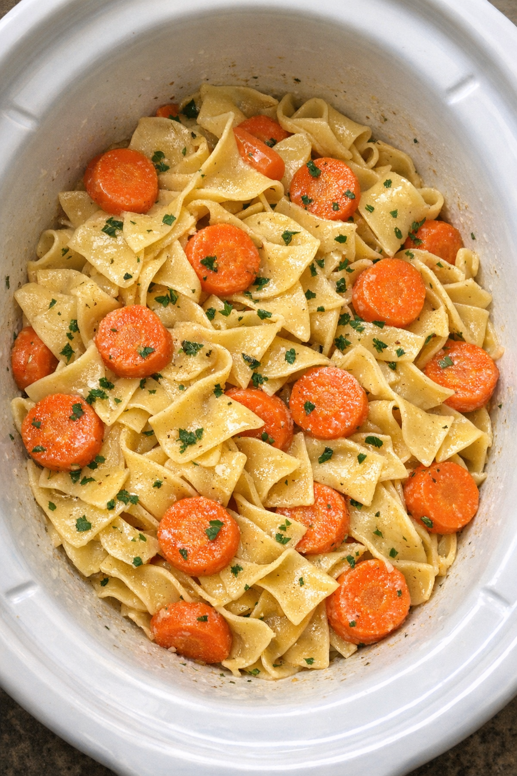 Slow cooker Amish carrot noodles finished in the slow cooker