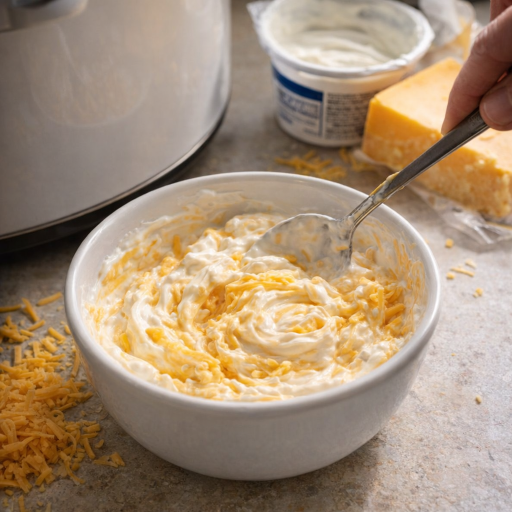 Mixing cheddar and sour cream in a small bowl