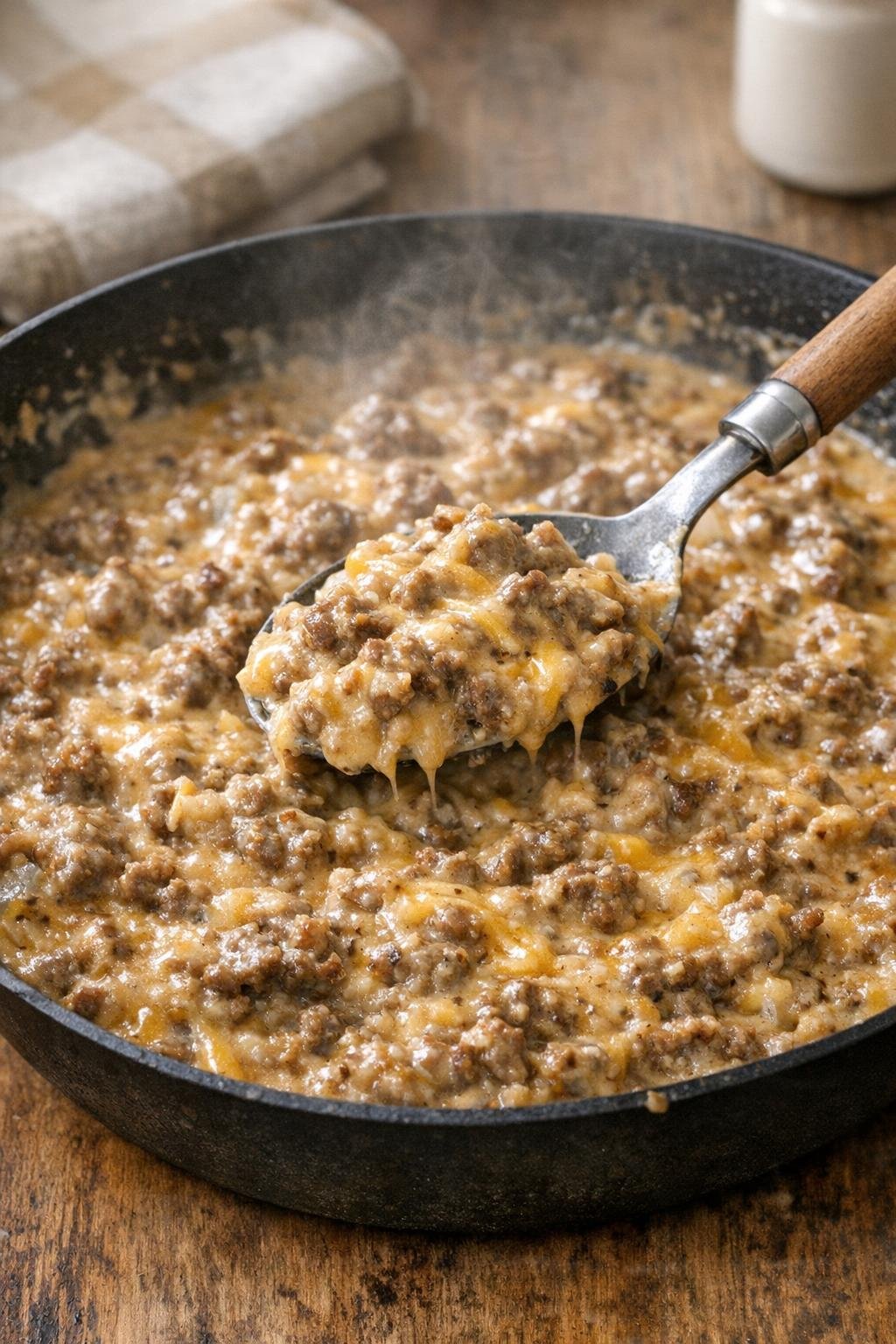 Creamy beef mixture being stirred in a skillet