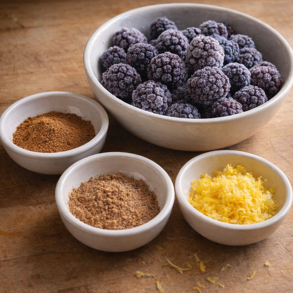 Small bowls of cinnamon, nutmeg, and lemon zest beside marionberries