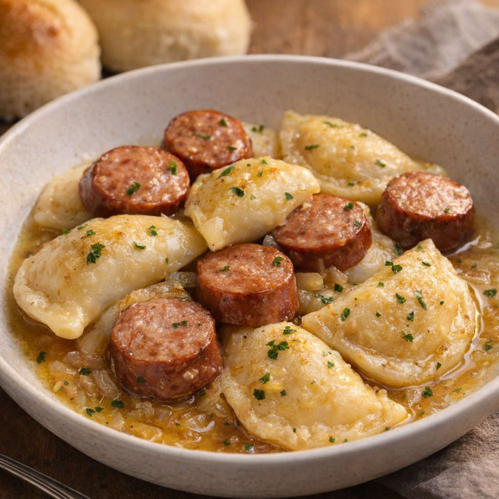Served bowl of sausage and pierogies with buttery onions