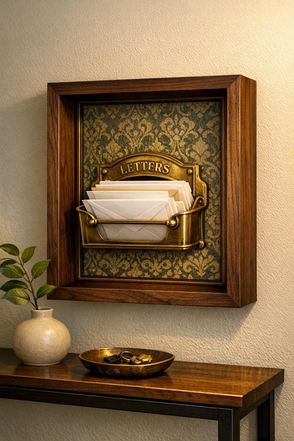 Finished walnut shadow box frame mail slot hanging in an entryway