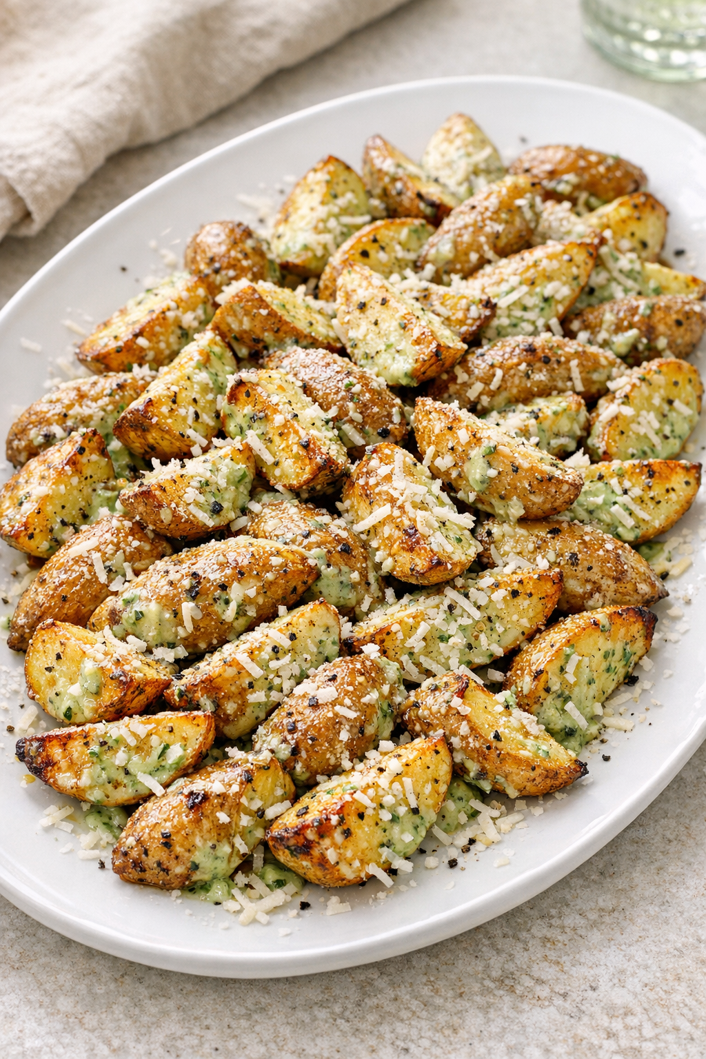 Finished green goddess roasted fingerling potatoes on a serving platter
