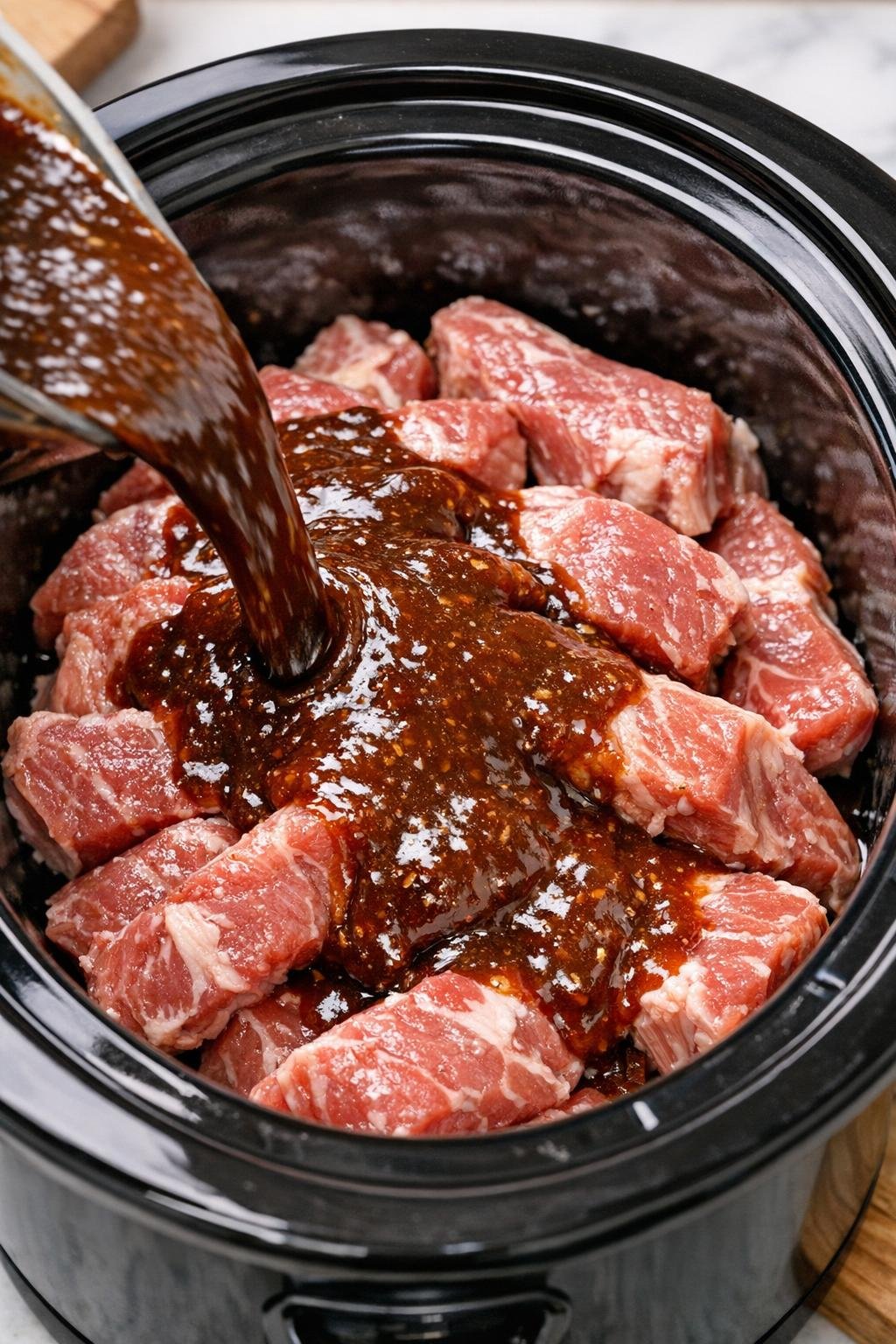Saus over de varkensribbetjes gegoten in de slowcooker