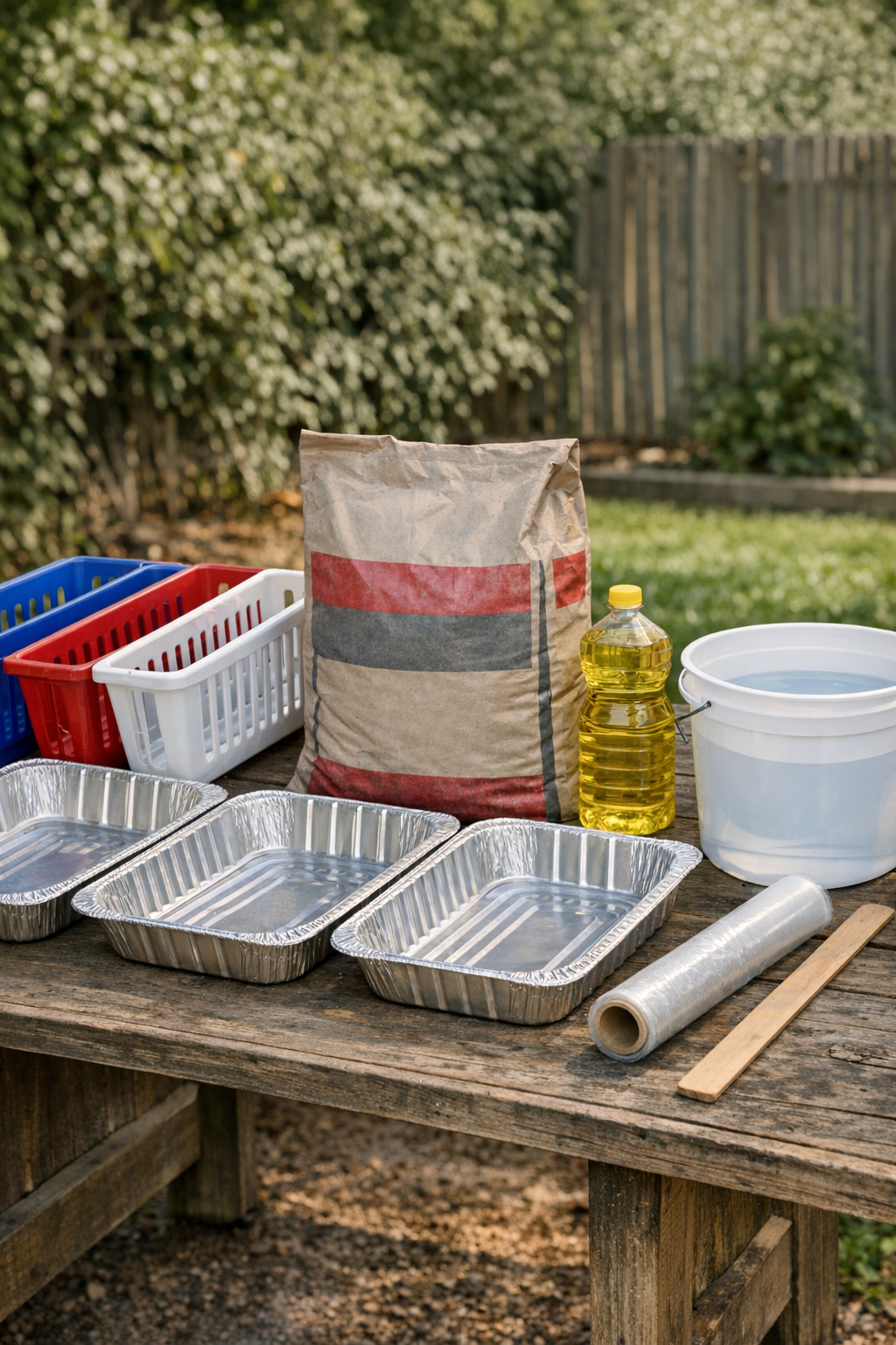 Materials for making slotted cement yard blocks laid out on a work surface