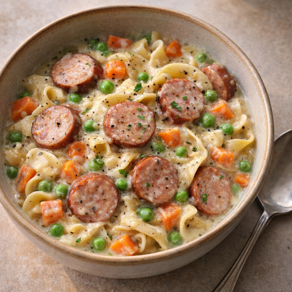 Slow cooker sausage and noodle bake served in a bowl