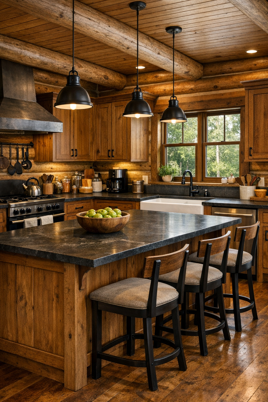 Rustic kitchen with wood cabinetry, farmhouse sink, and large prep island