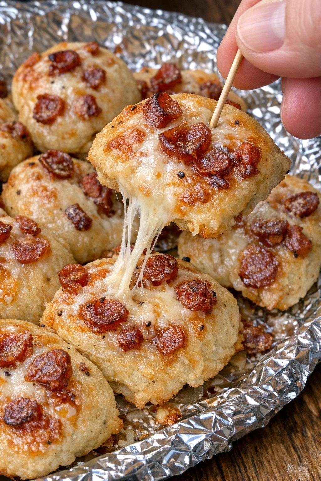 Golden pizza puffs on a foil-lined platter