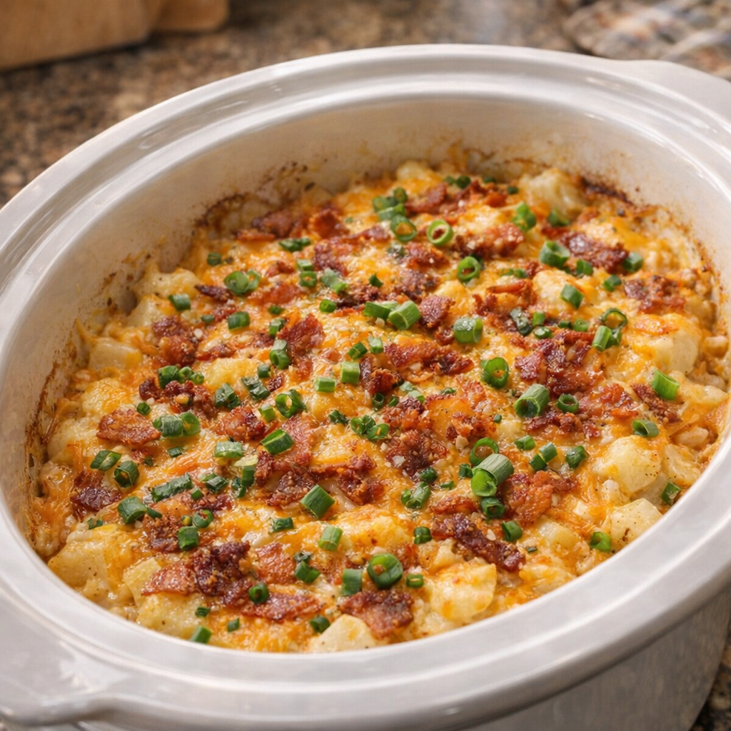 Variation of ranch potato bake topped with bacon and green onions