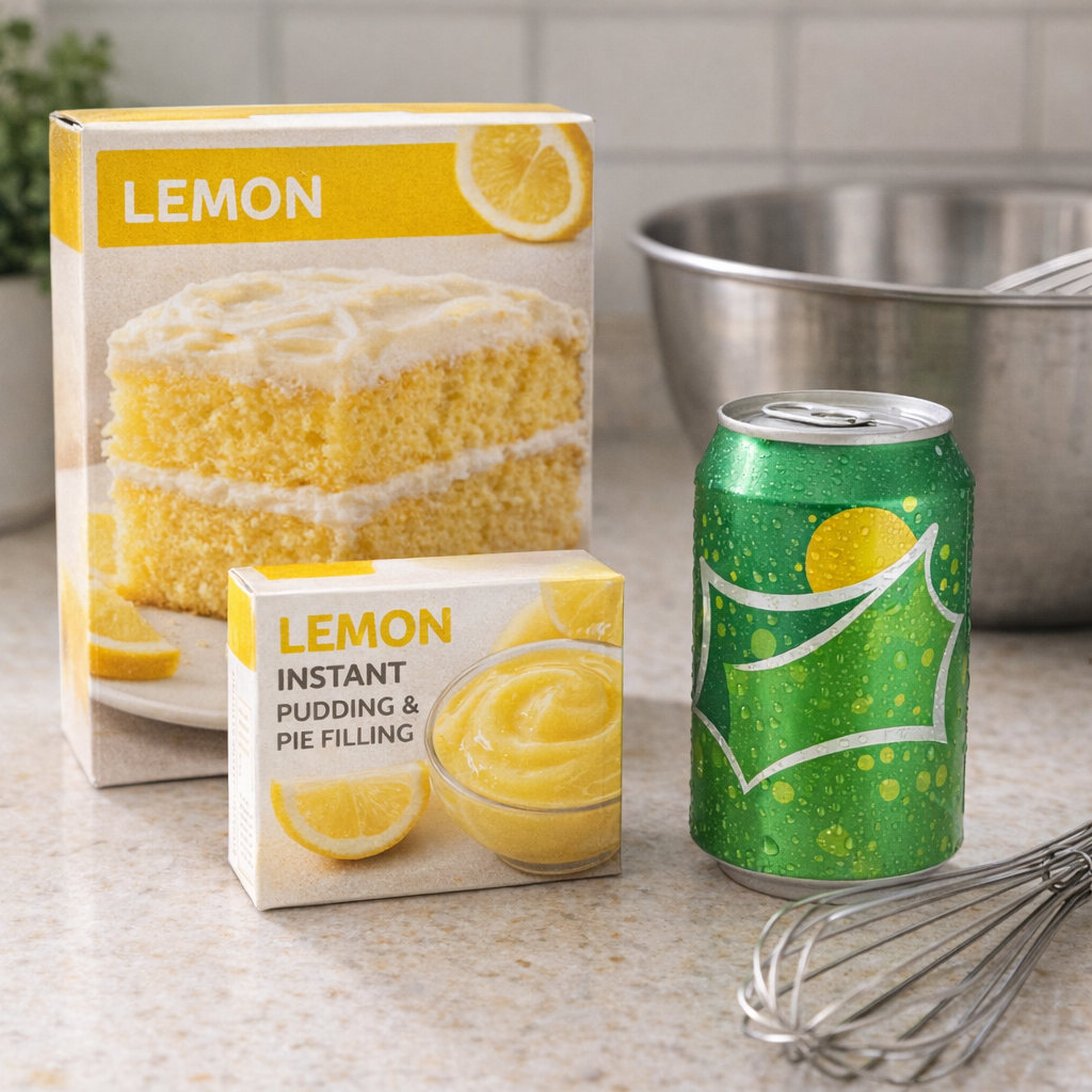 Three lemon cake ingredients on a kitchen counter