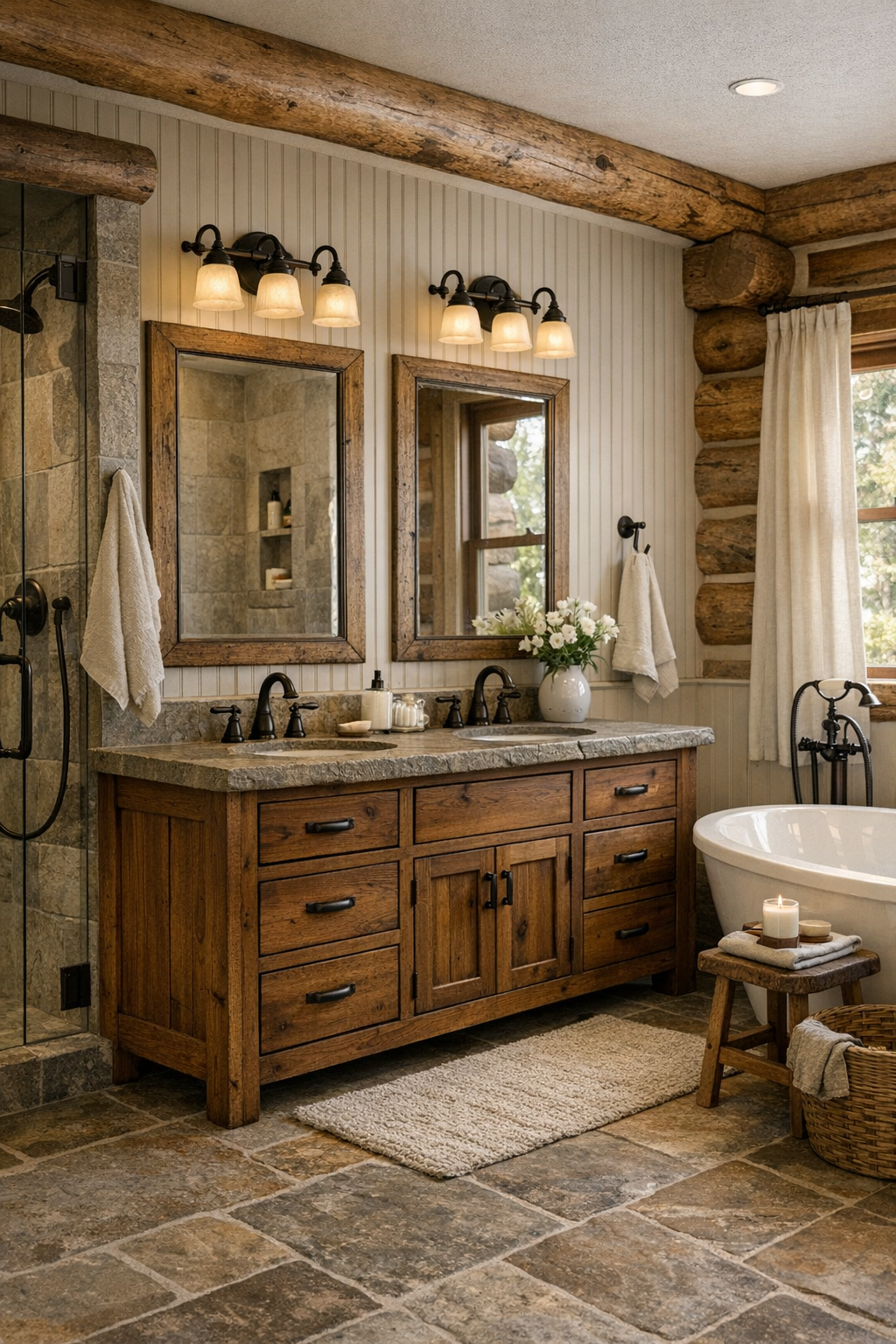 Clean rustic bathroom with wood vanity, stone top, and simple handcrafted finishes