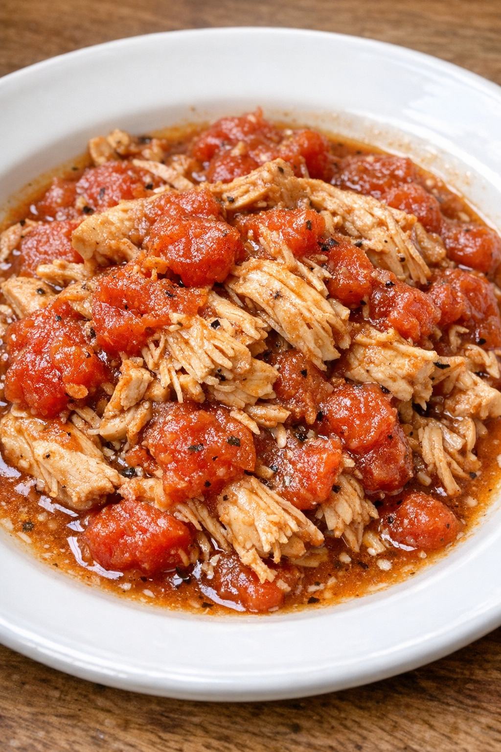 Slow cooker chicken and tomatoes plated in a white ceramic plate