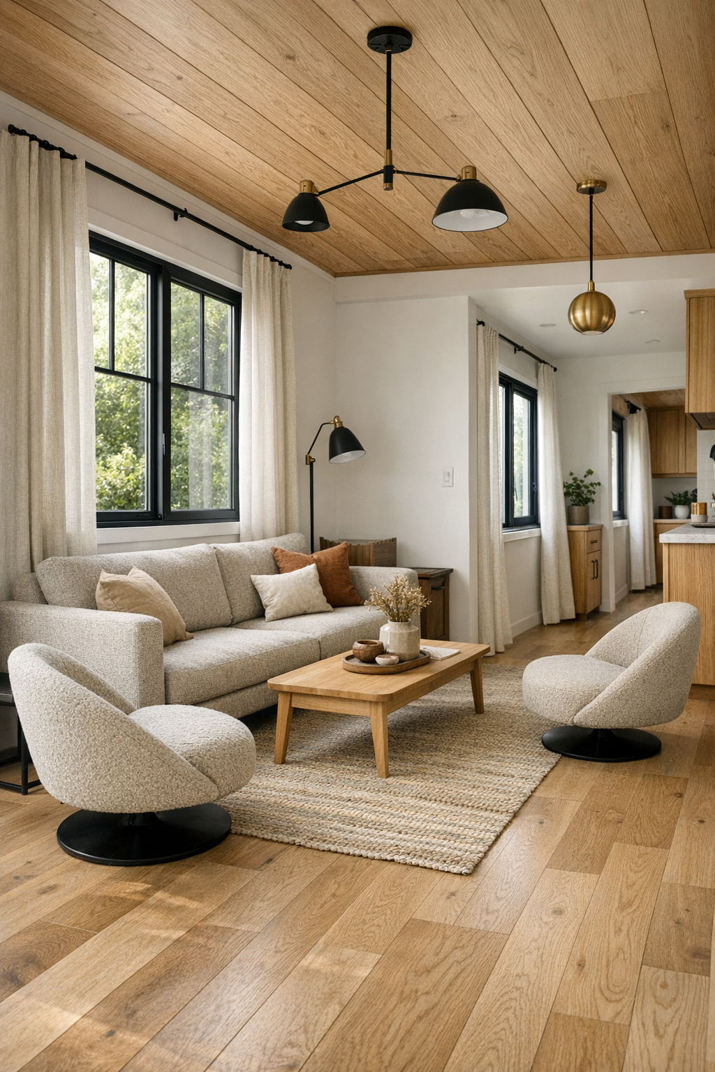 Accessible modern tiny home living room with soft neutral seating and pale wood finishes