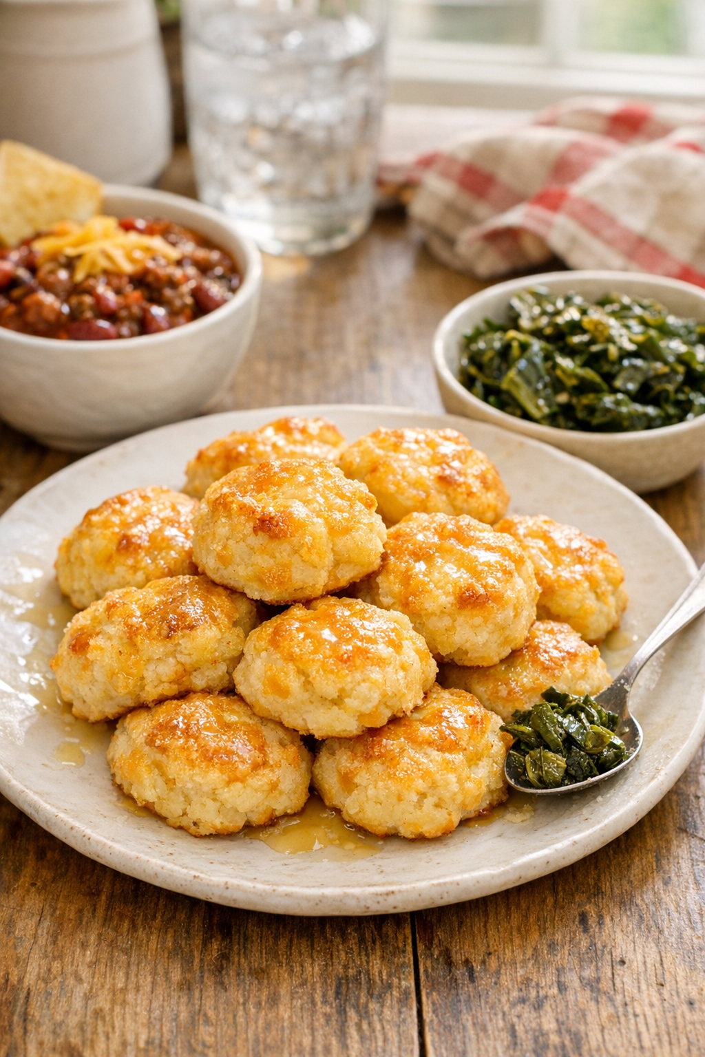 Plated cheddar biscuit bites served warm with supper sides