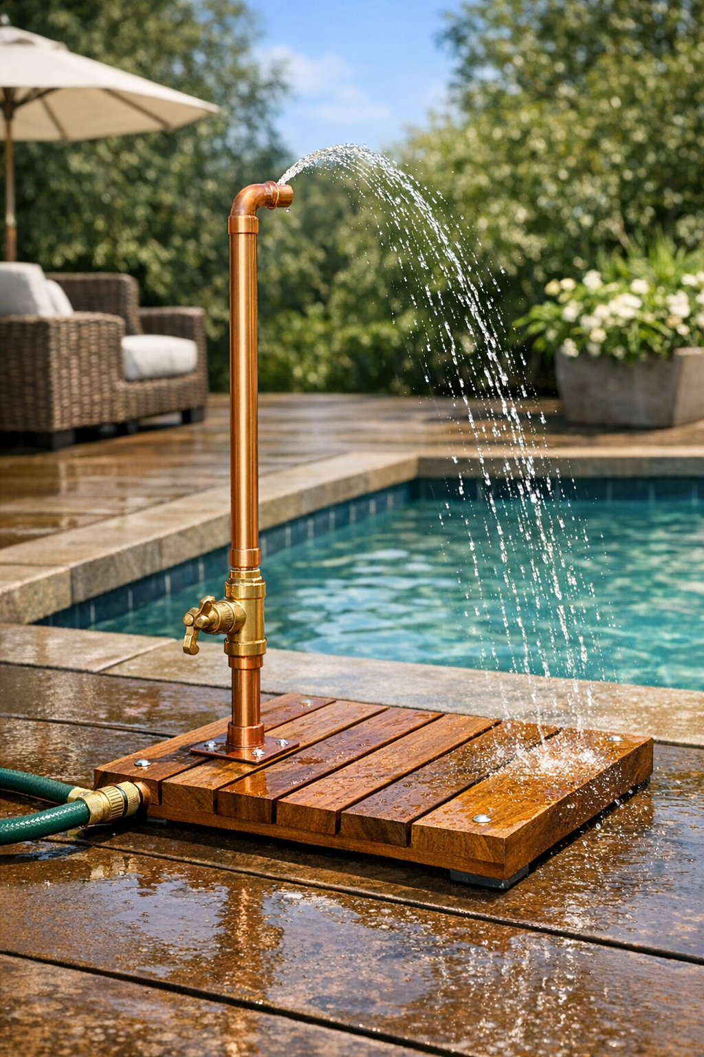 Finished DIY outdoor copper foot shower on a wooden base beside a pool with water spraying upward