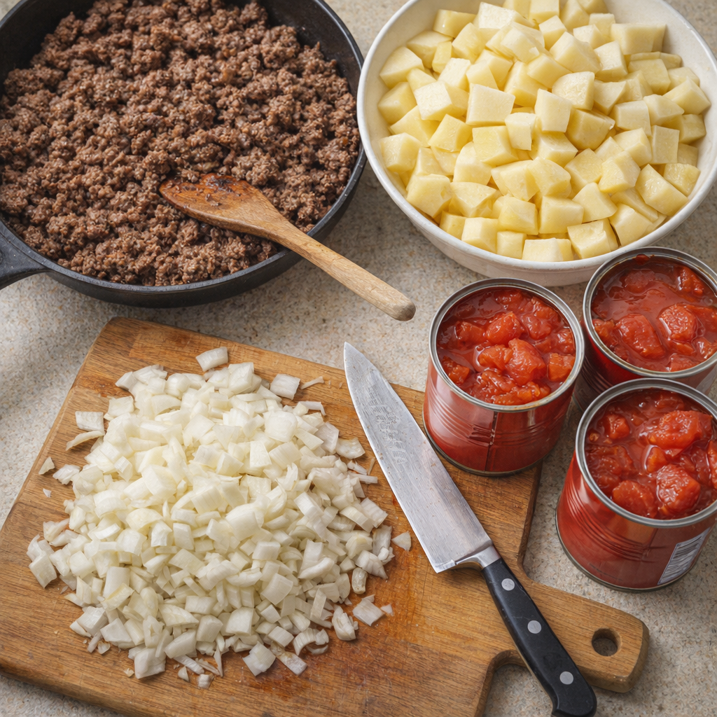 Prepared stew ingredients arranged on a countertop