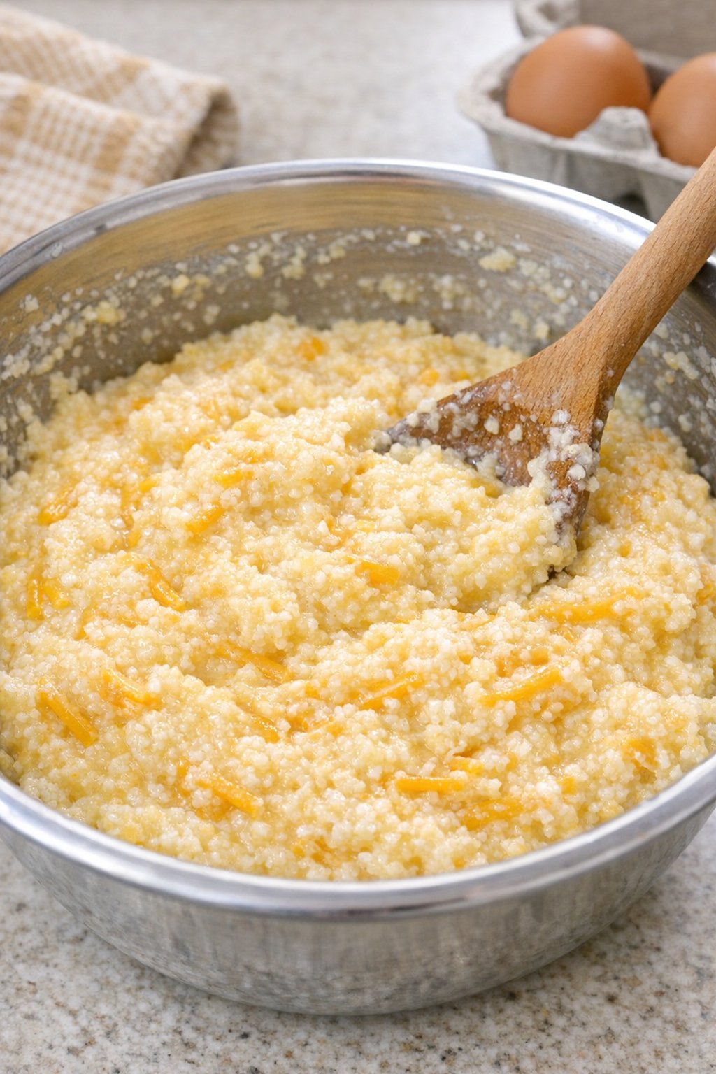 Cheese and egg mixed into thick grits