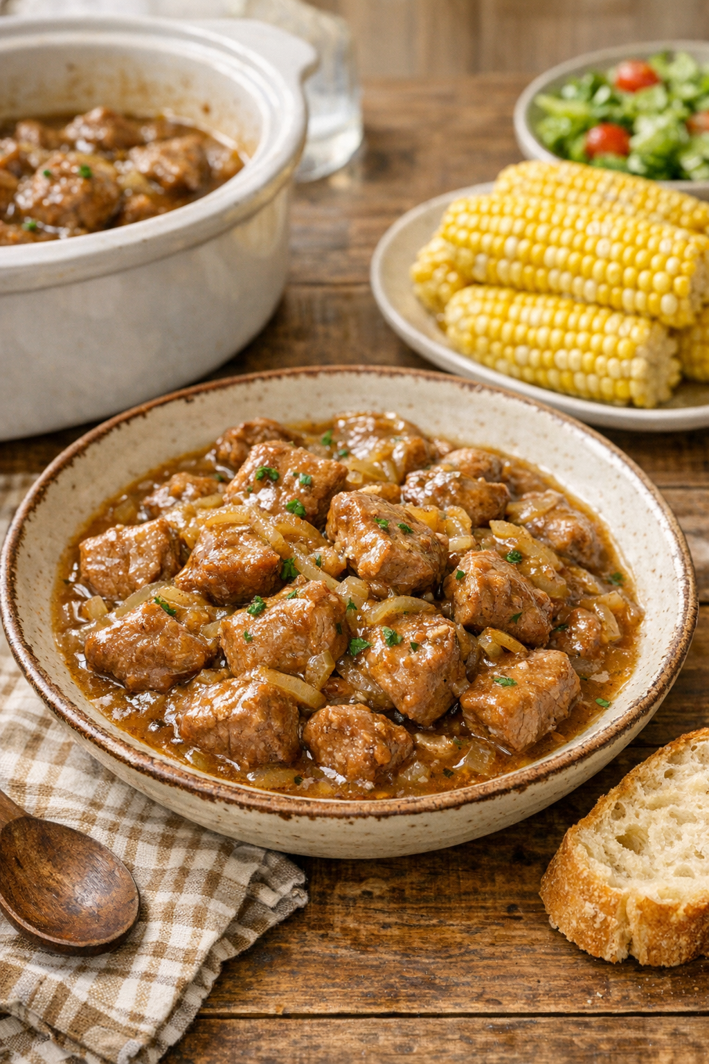 Finished slow cooker pork supper in a rustic bowl