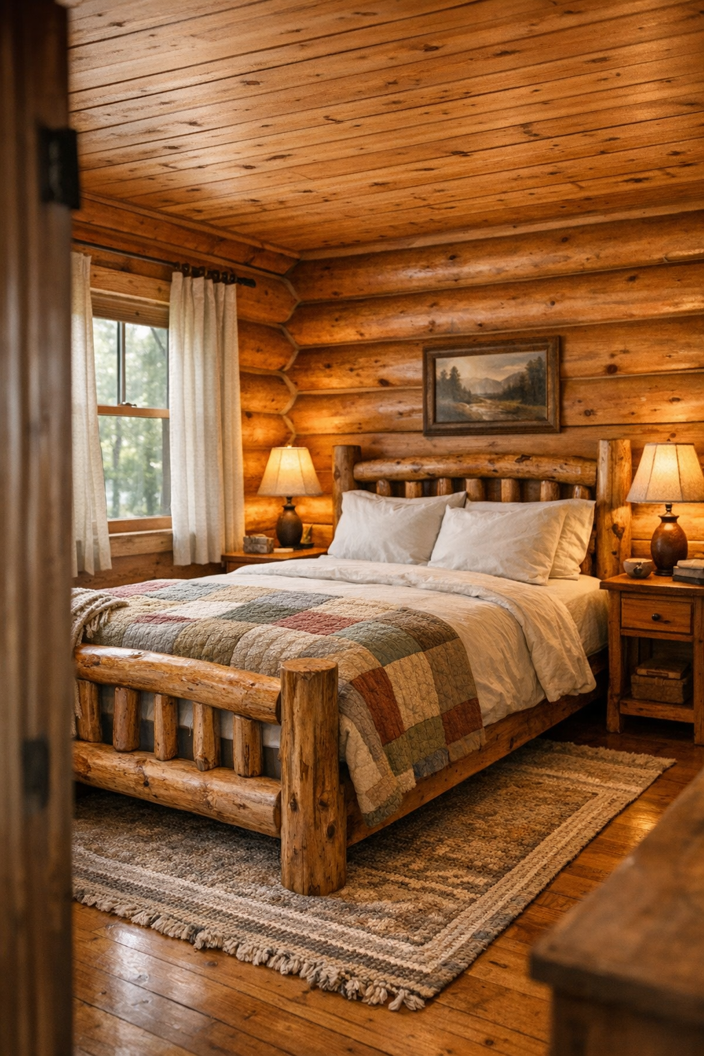 Peaceful cedar bedroom with handcrafted wood bed and quilted bedding