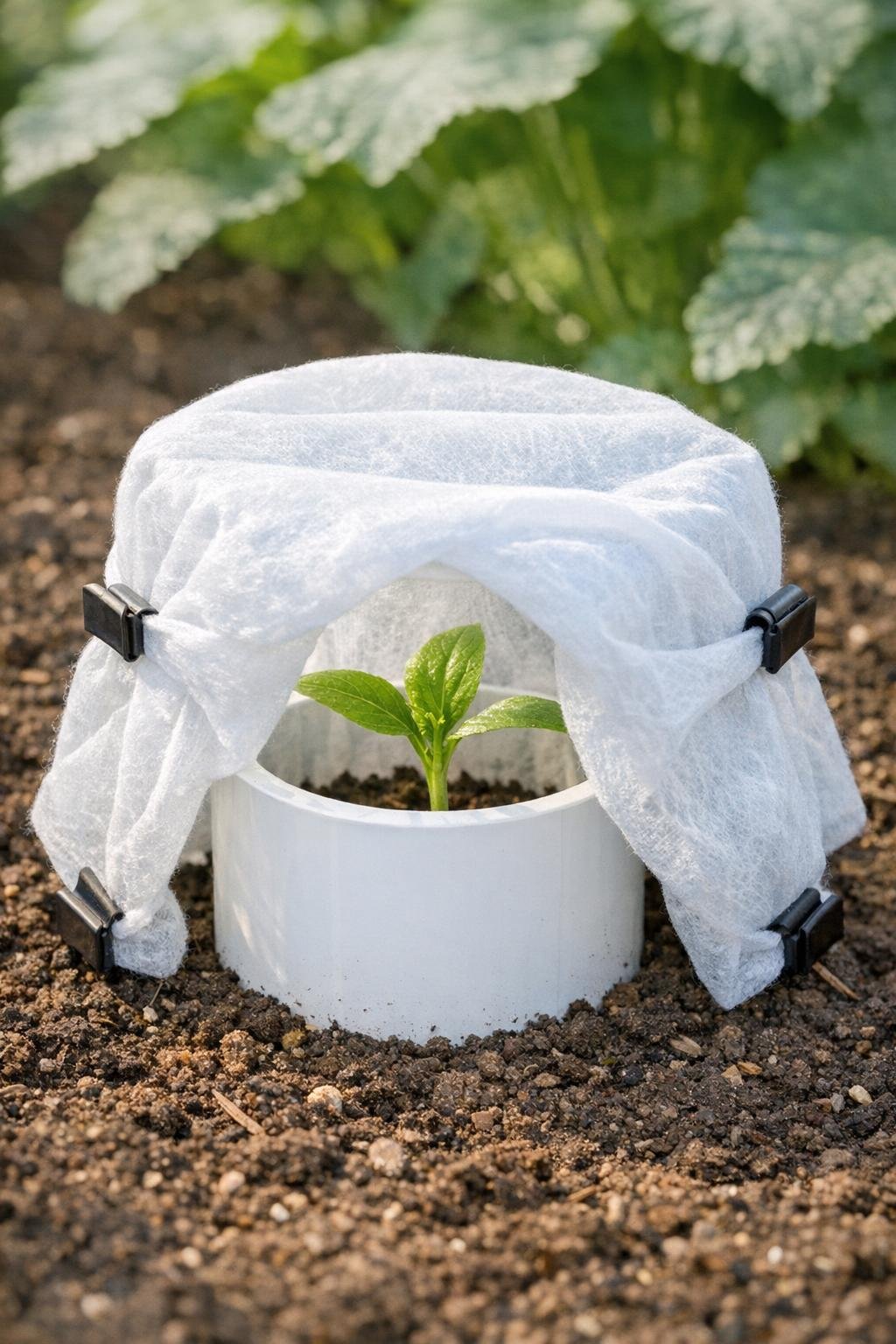 Finished PVC and frost cloth plant insulator protecting a young garden plant
