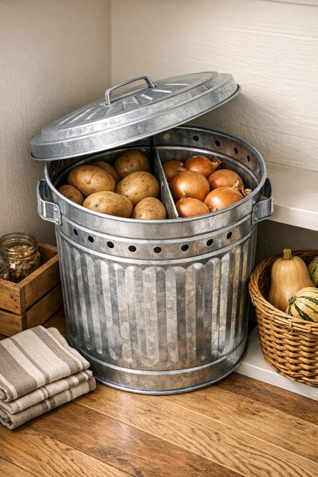Finished galvanized trash can root vegetable storage bin in a pantry-style corner