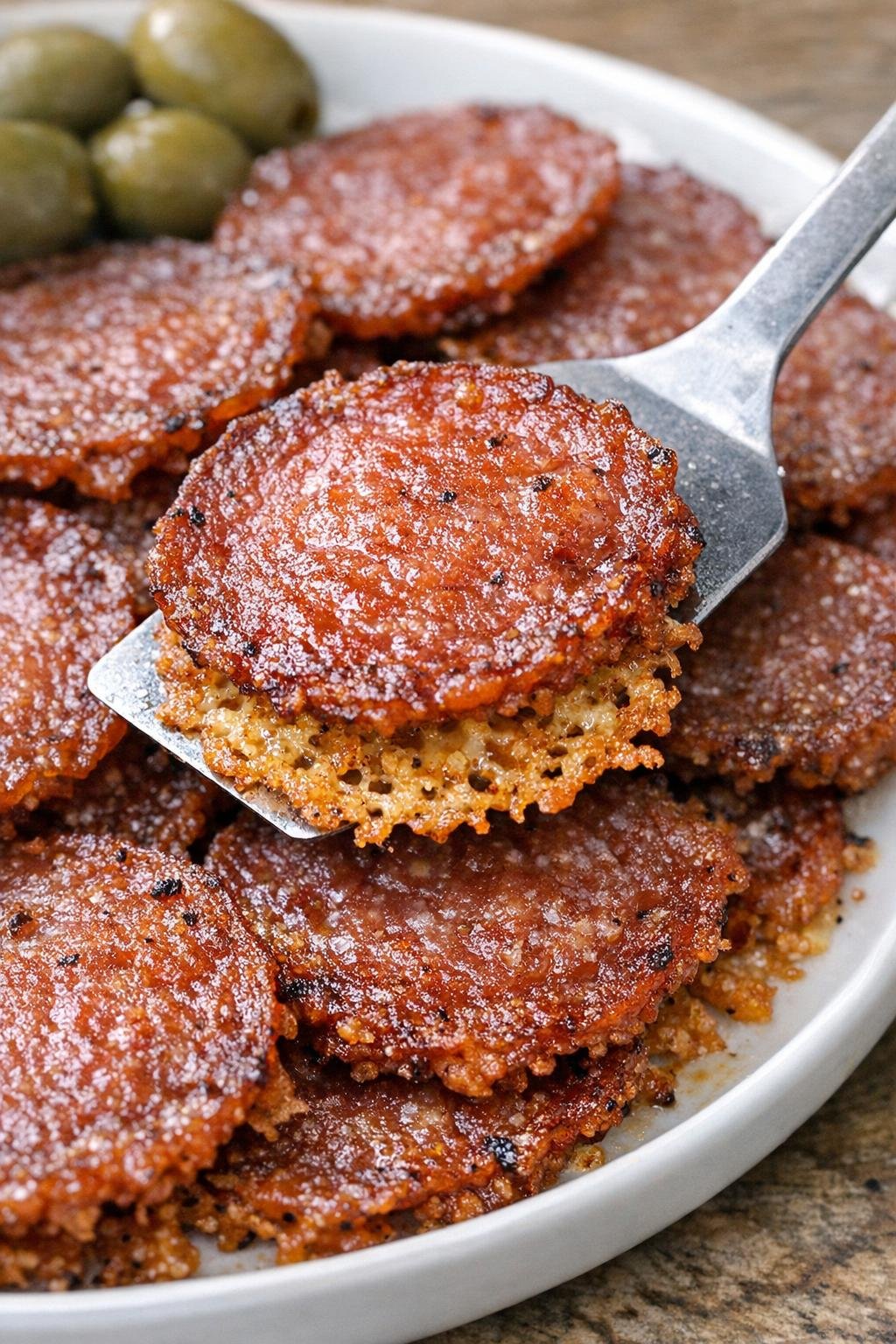 Crispy salami parmesan rounds on a platter