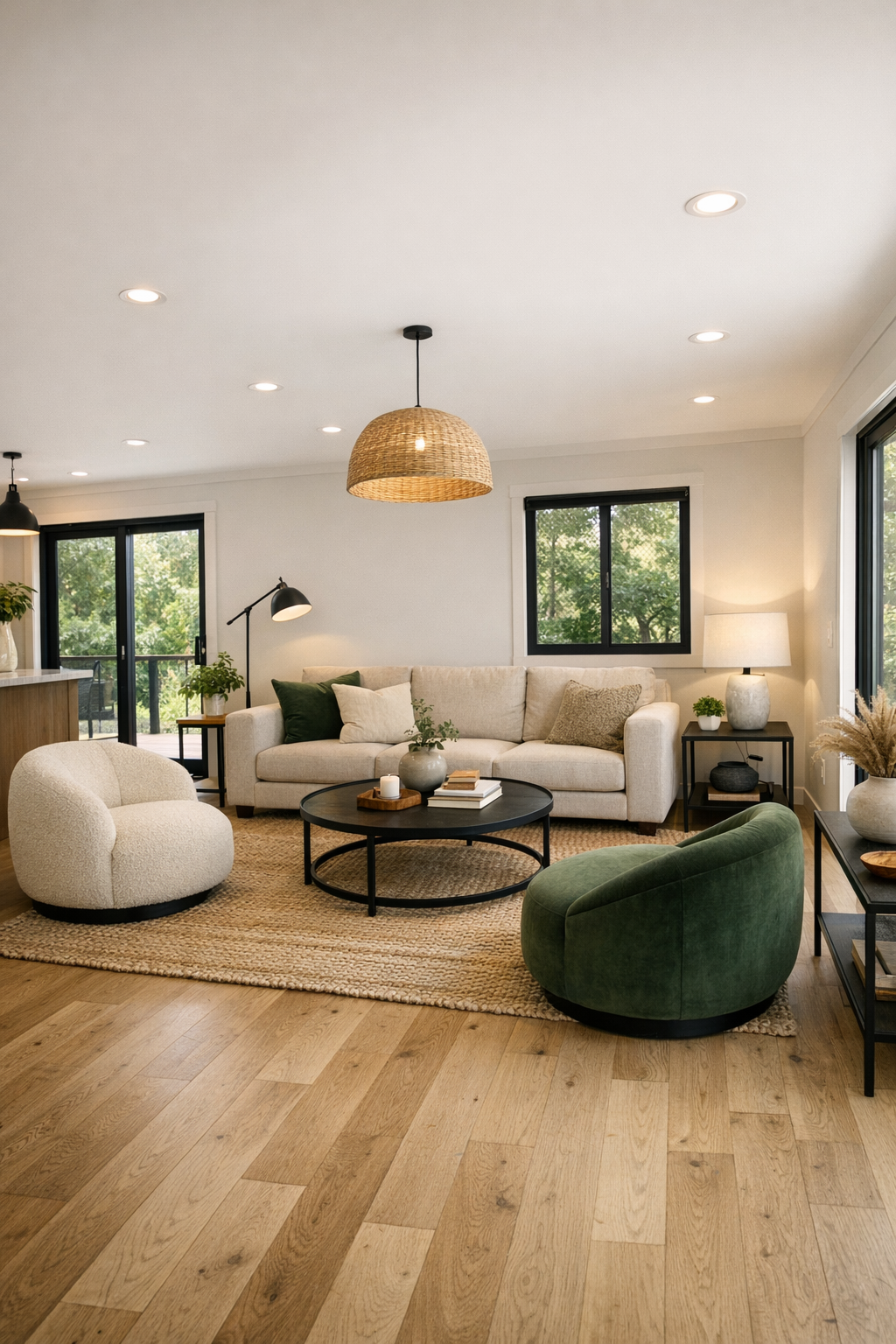 Accessible modern living room with white oak floors, warm neutral seating, and forest green accents