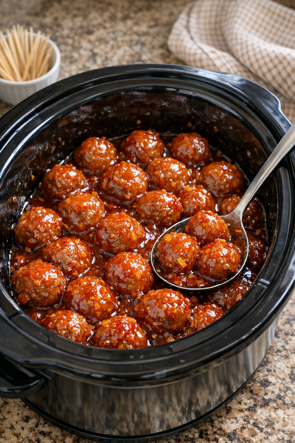 Finished marmalade sriracha beef meatballs in a slow cooker