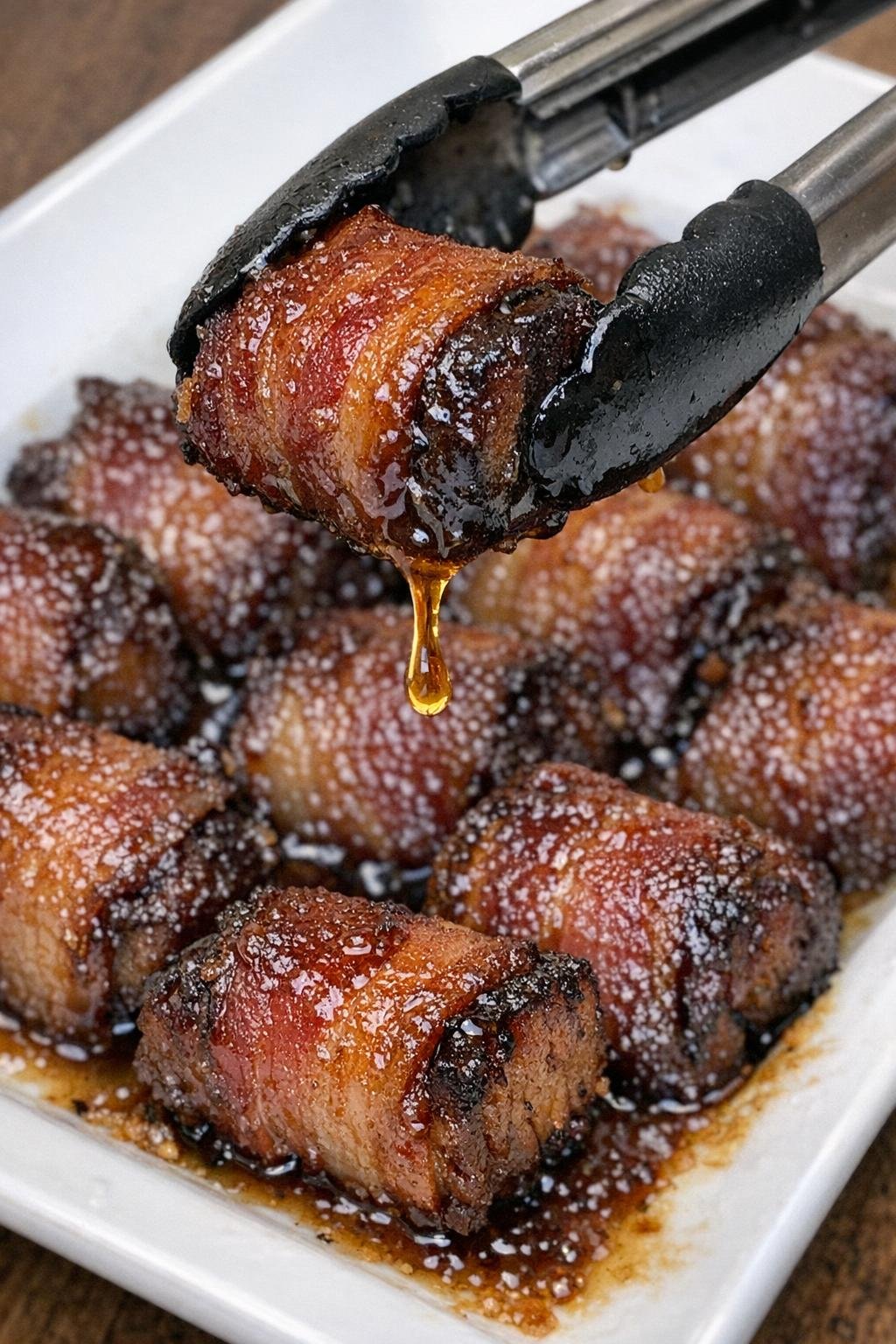 Slow cooker brown sugar bacon pork belly bites on a white platter
