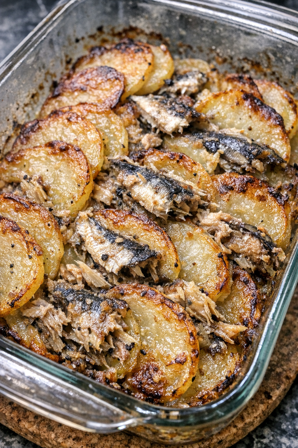 Close up baked sardine potato casserole in glass dish