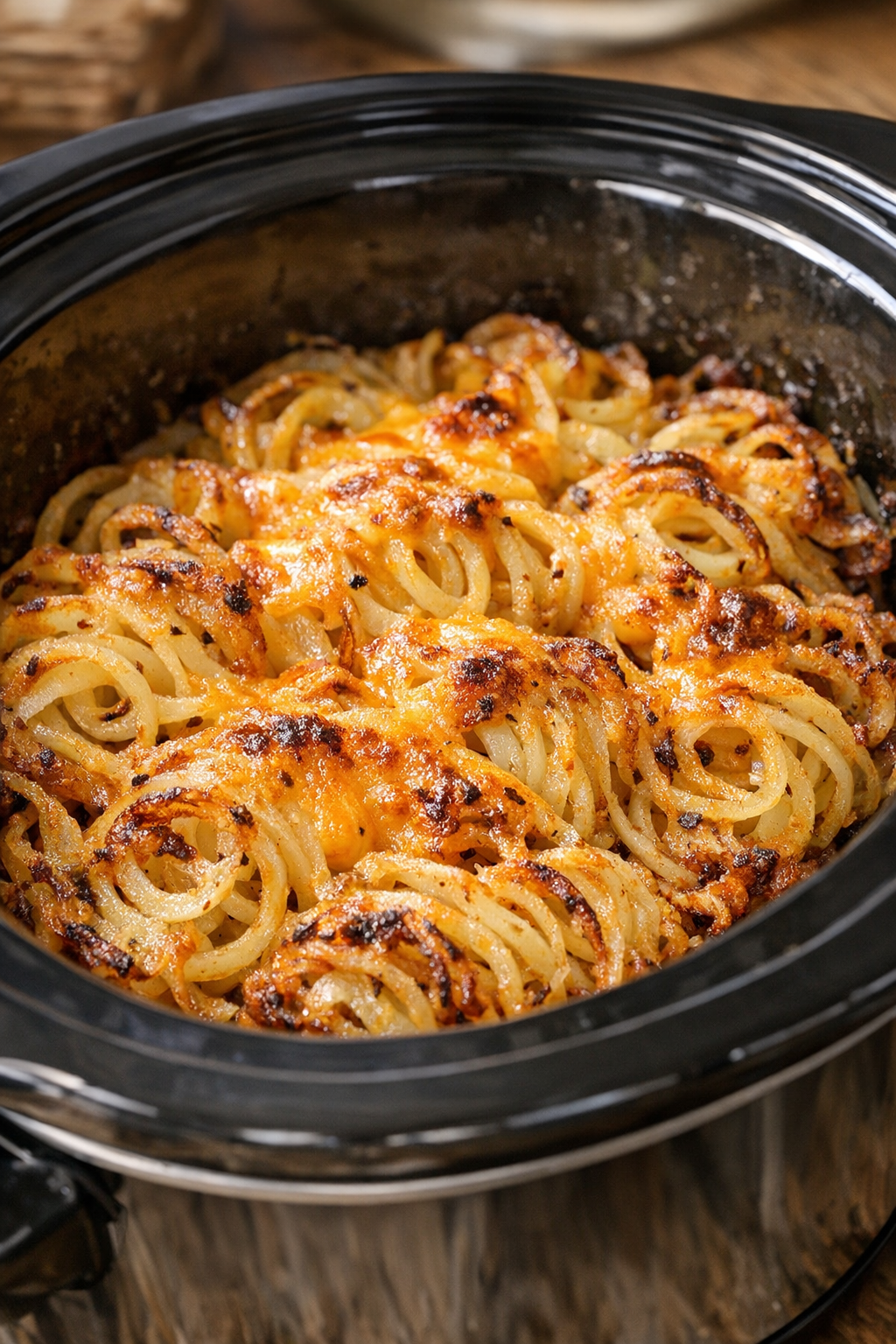 Cooked potato spirals in slow cooker with golden top