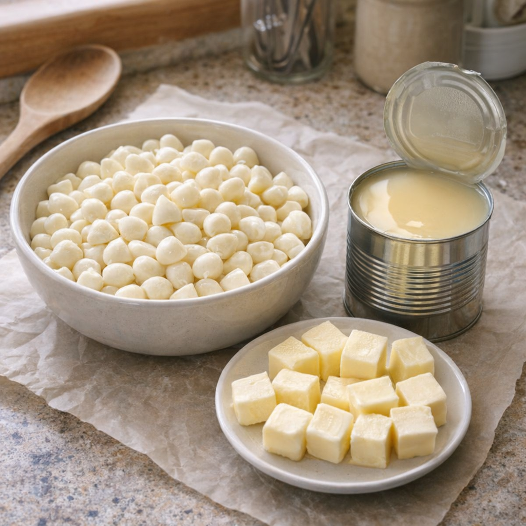 Measured ingredients for white morsel fudge on a farmhouse counter