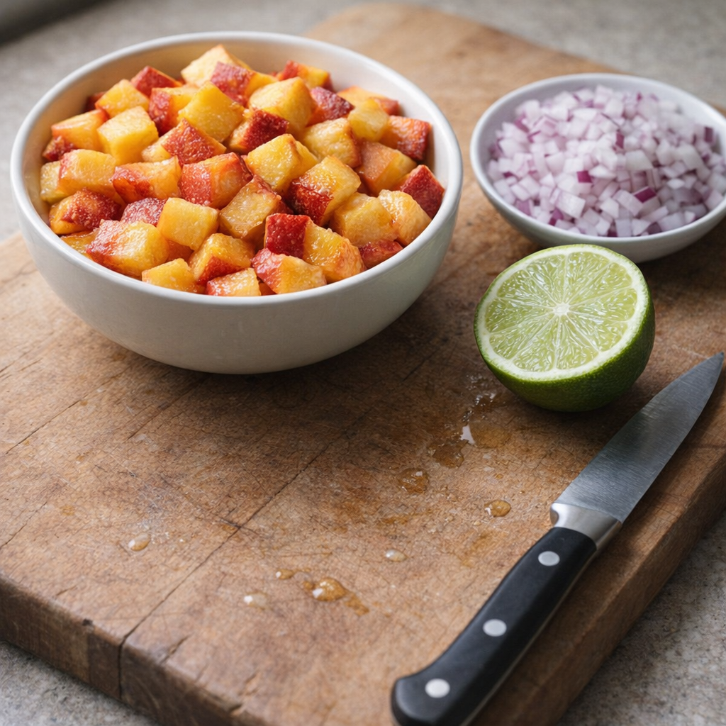 Chopped peaches, onion, and lime on a kitchen board