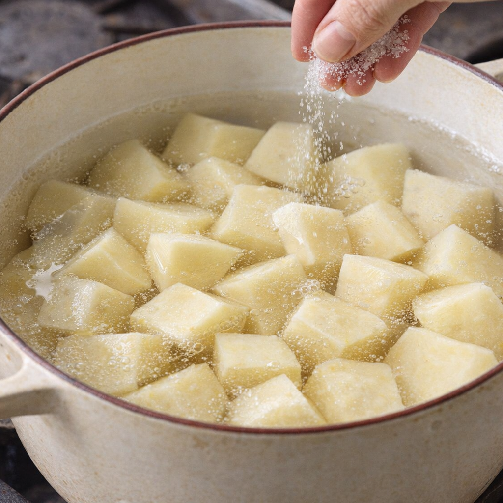 Potatoes soaking in a large enamel pot