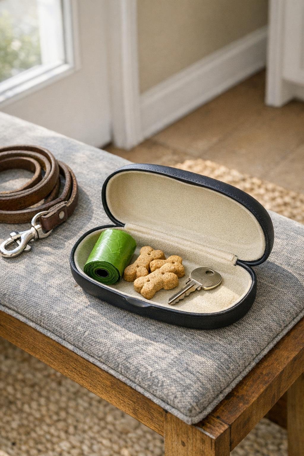 Eyeglass case packed as a pet-walking kit