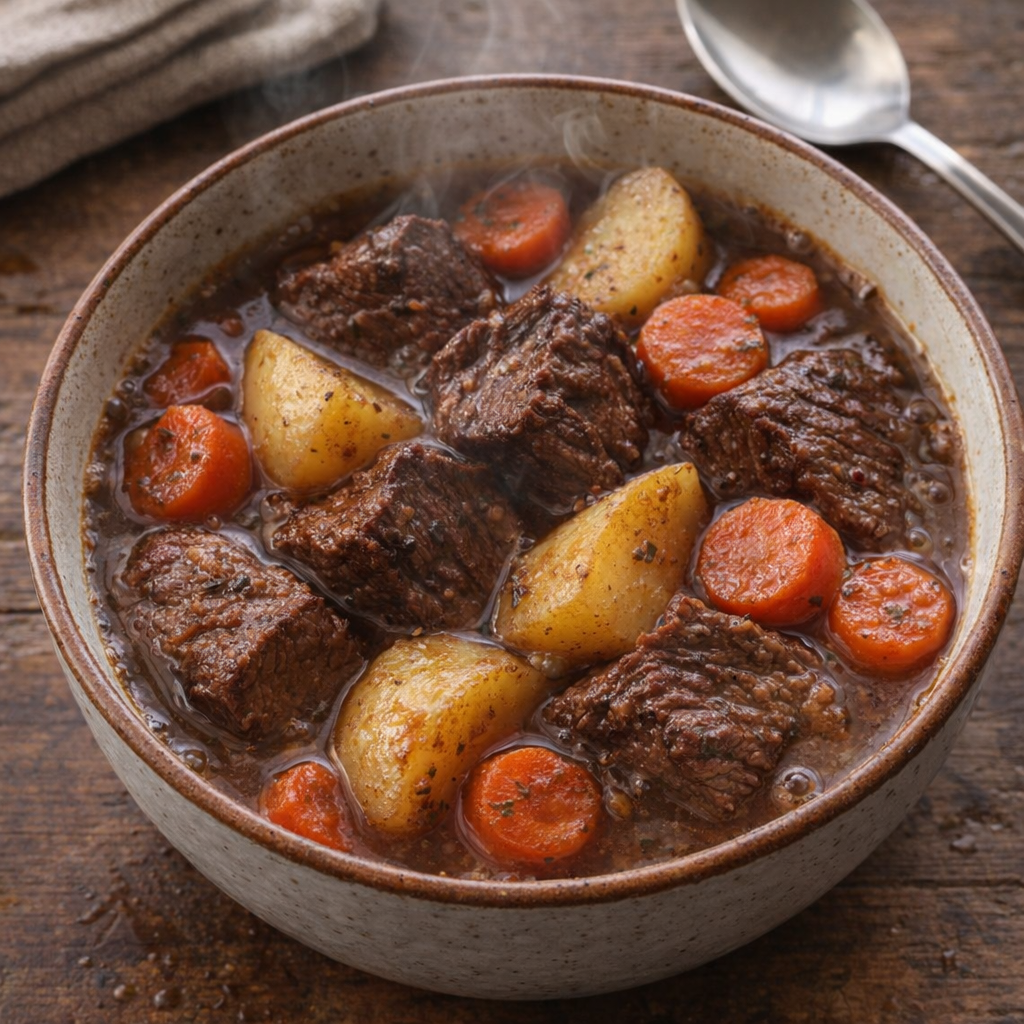 Warm bowl of Amish beef stew on a kitchen table