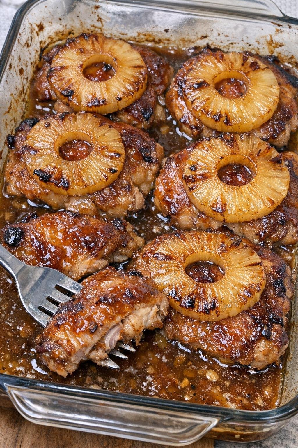 Glazed chicken thighs with caramelized pineapple rings in a glass baking dish