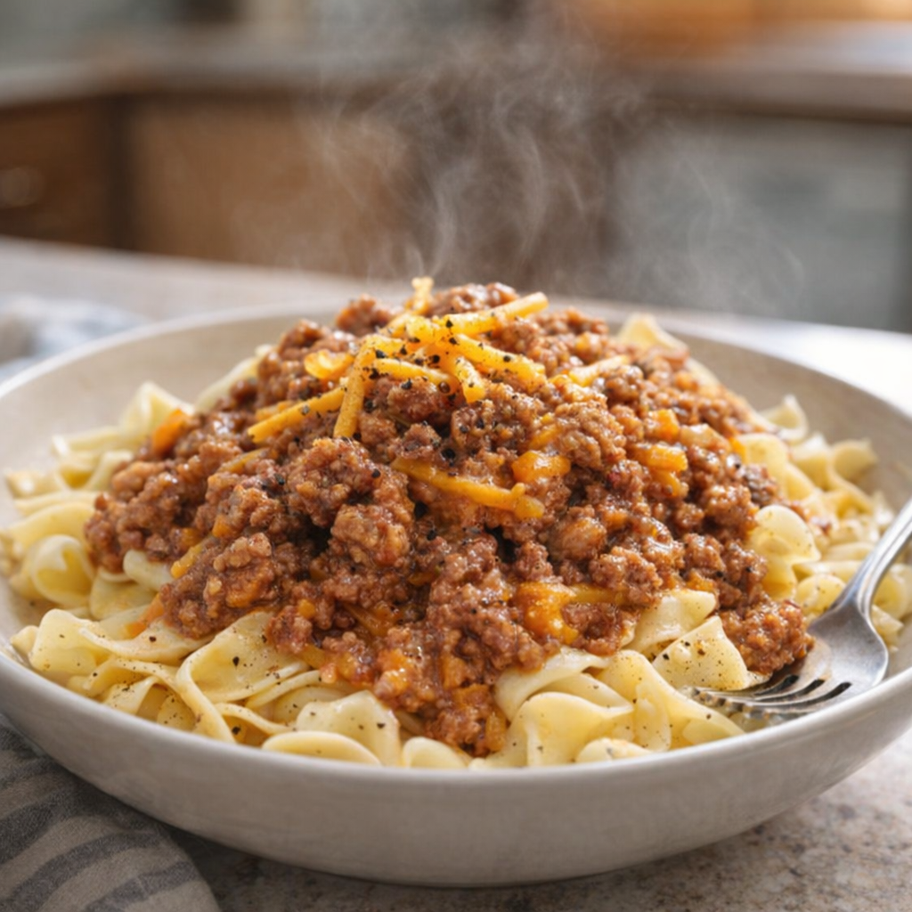 Cheddar beef served over egg noodles with extra cheese